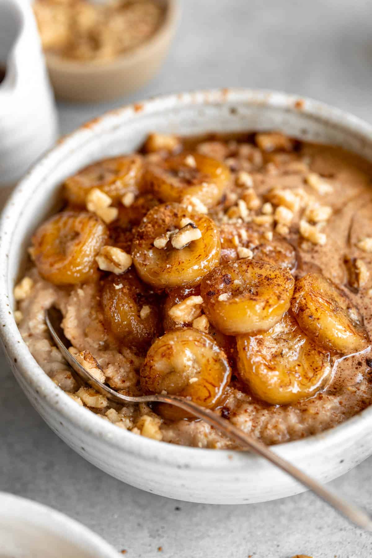 angled view of the oatmeal with caramelized banana on top 