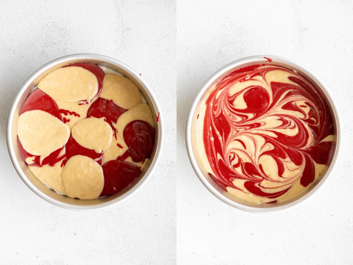 two images showing how to swirl the marble cake