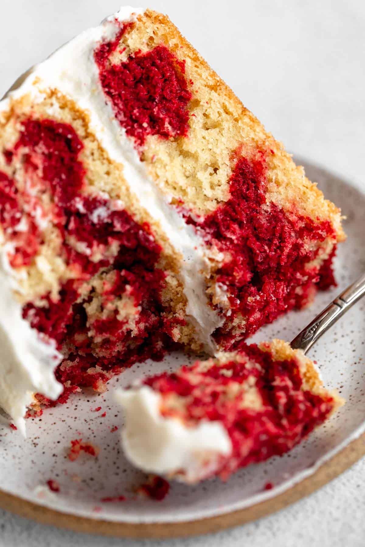 up close of the gluten free red velvet marble cake