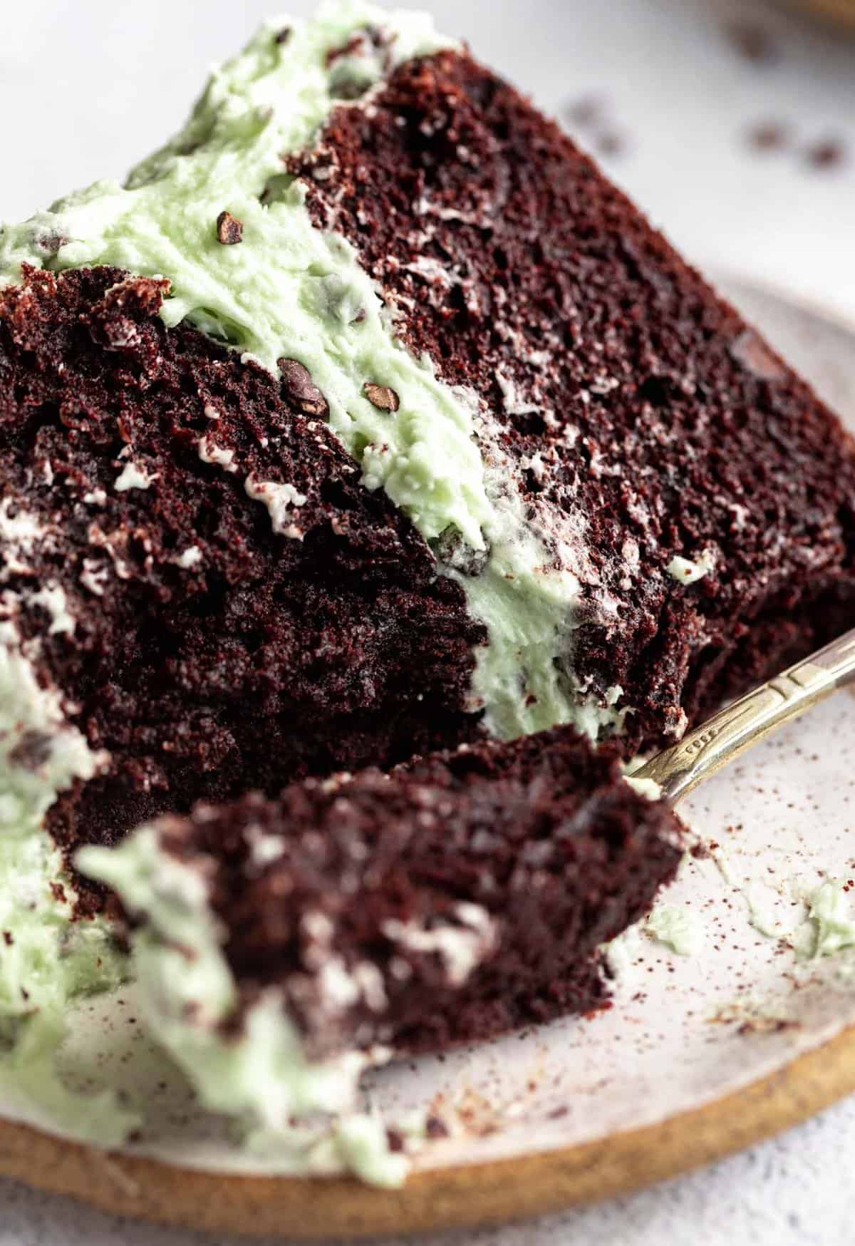 up close of the gluten free mint chocolate cake with a bite taken out