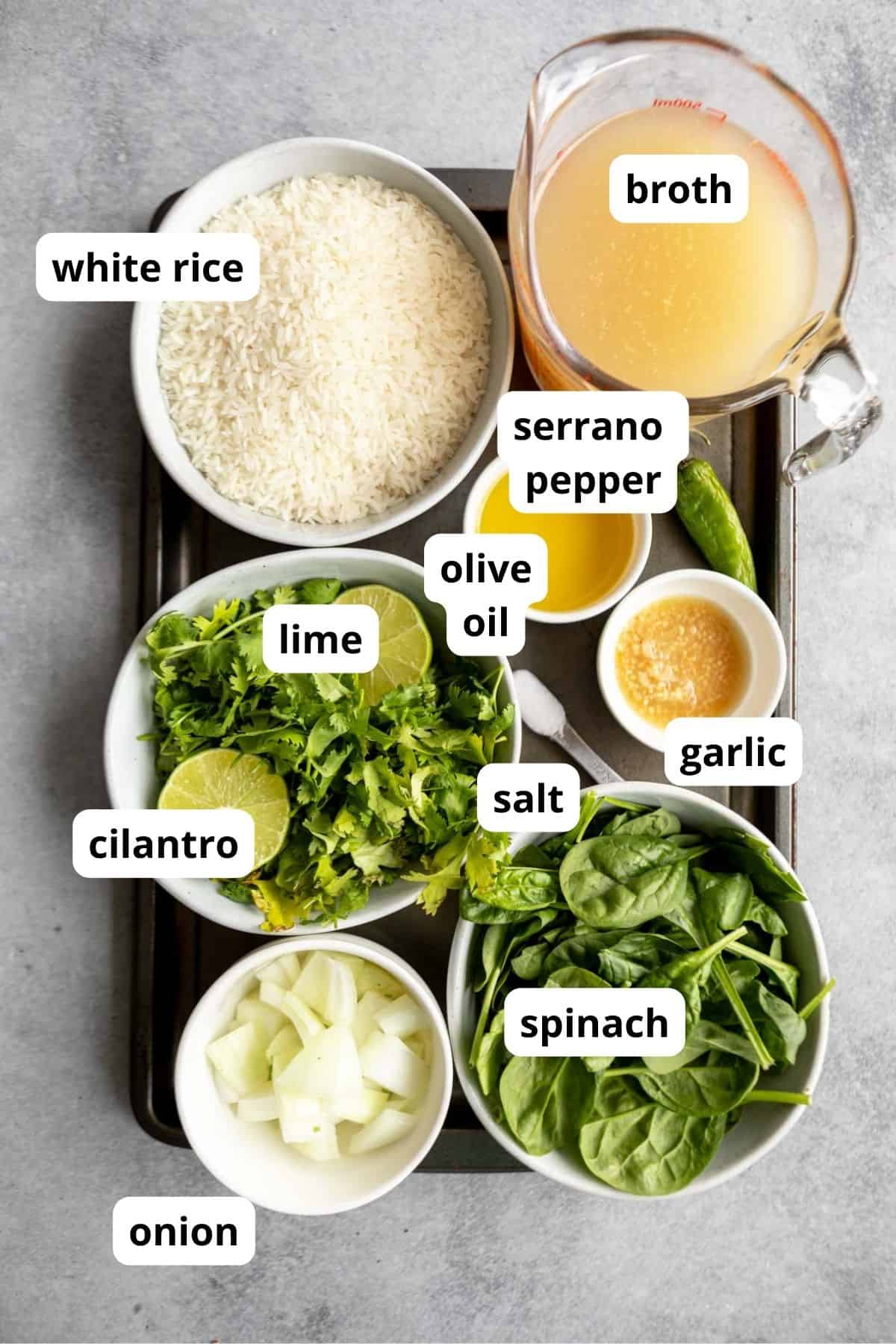 ingredients for the rice in bowls with labels