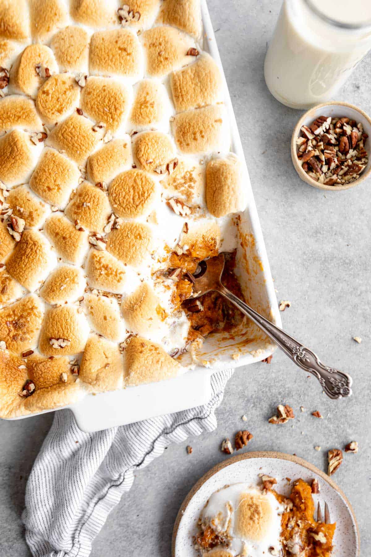 overhead shot of the sweet potato casserole with marshmallows on top