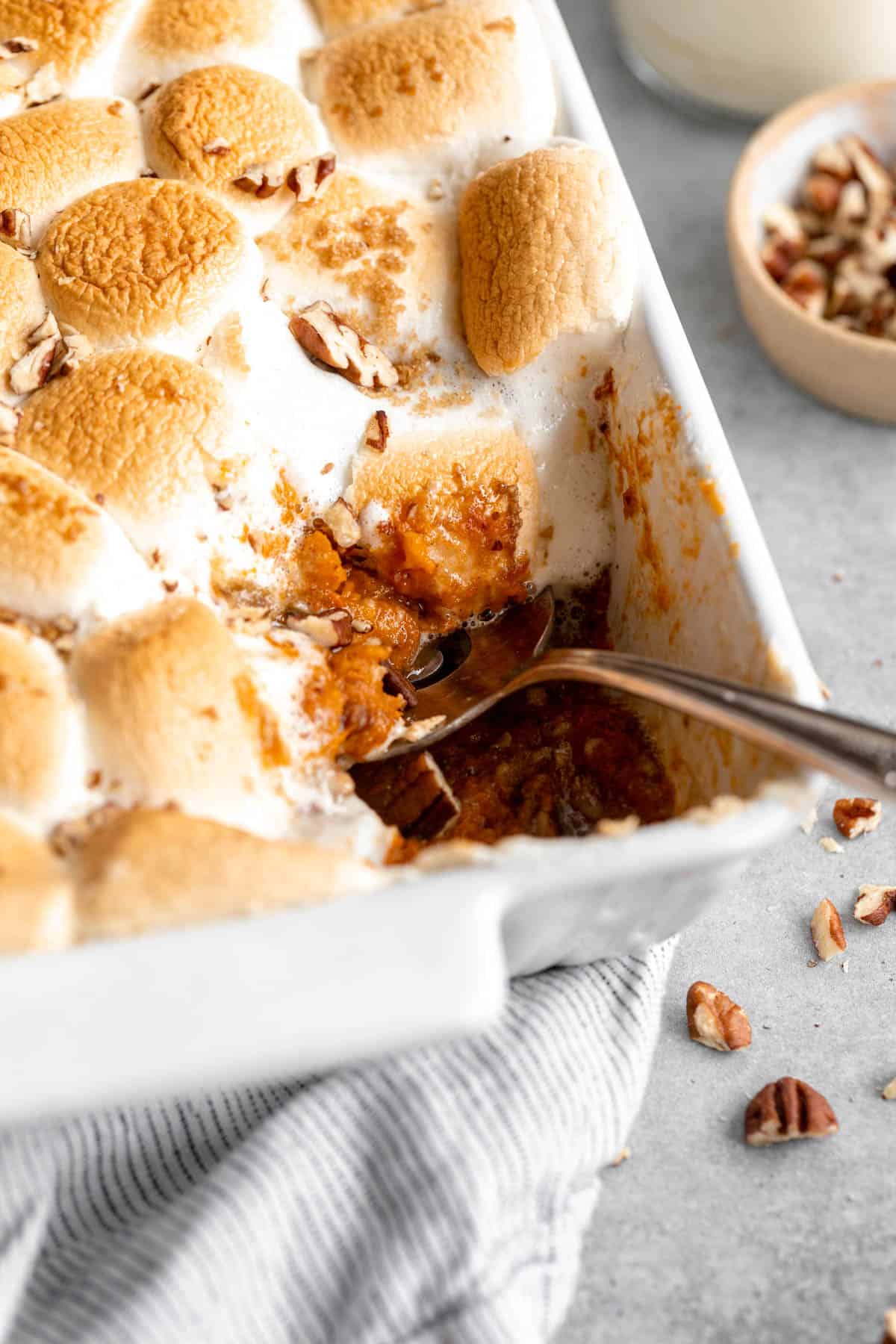 up close of the sweet potato casserole with pecans on top