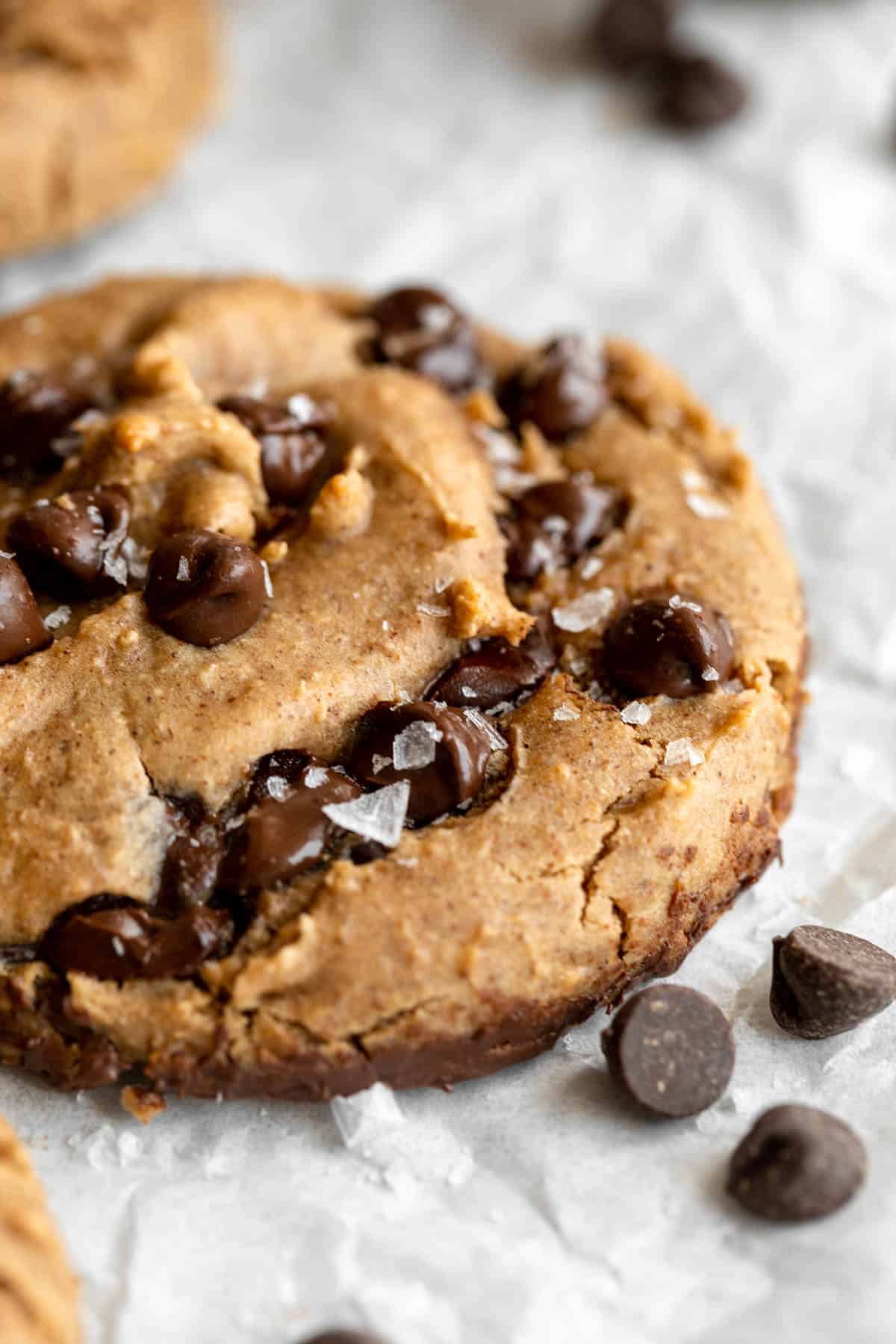 chickpea chocolate chip cookies with sea salt on top