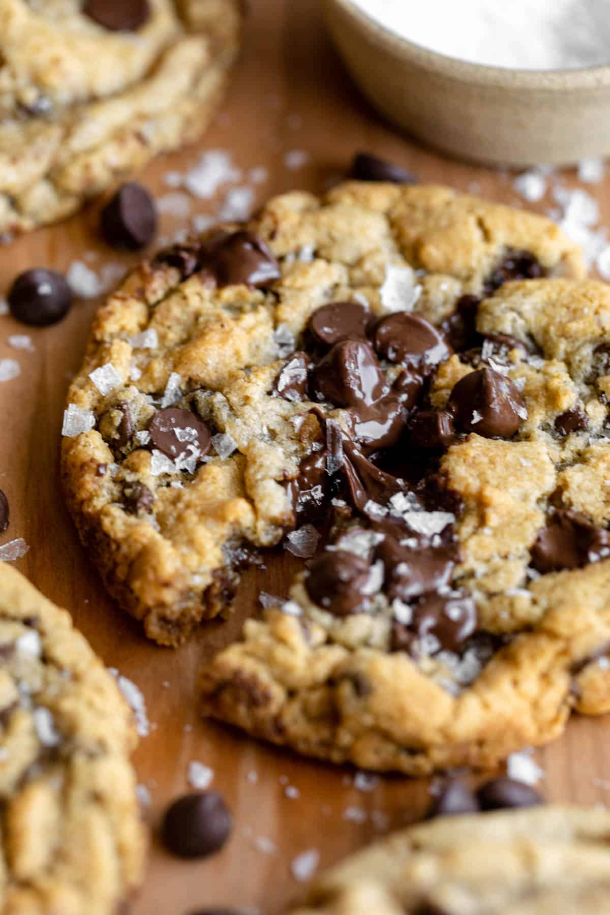 one cookie ripped in half with melted chocolate