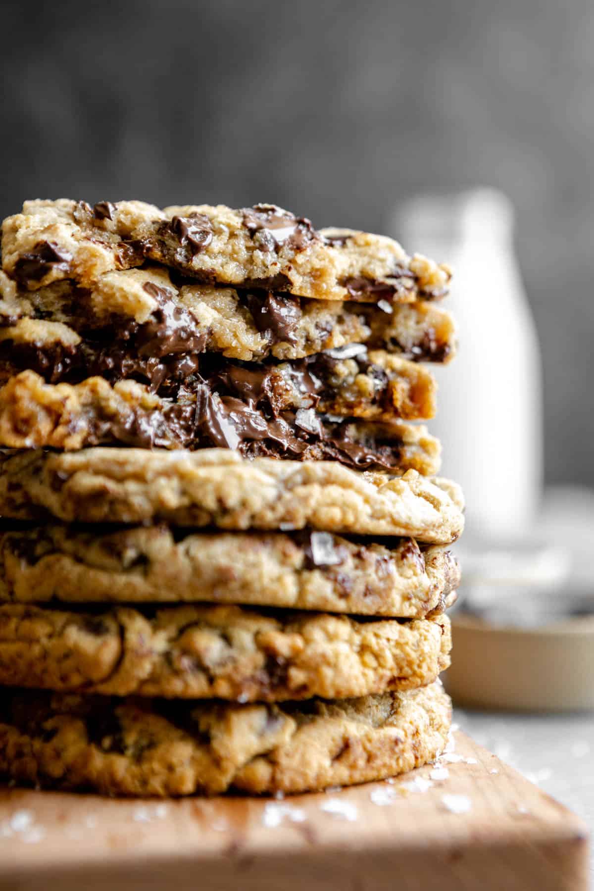 vegan chocolate chip cookies stacked on each other