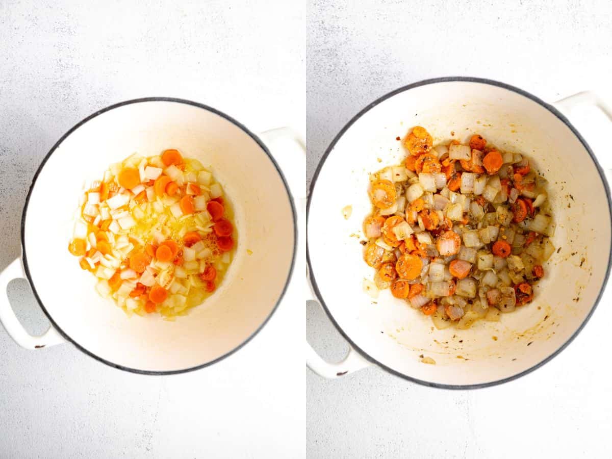 two images of the veggies sauteeing