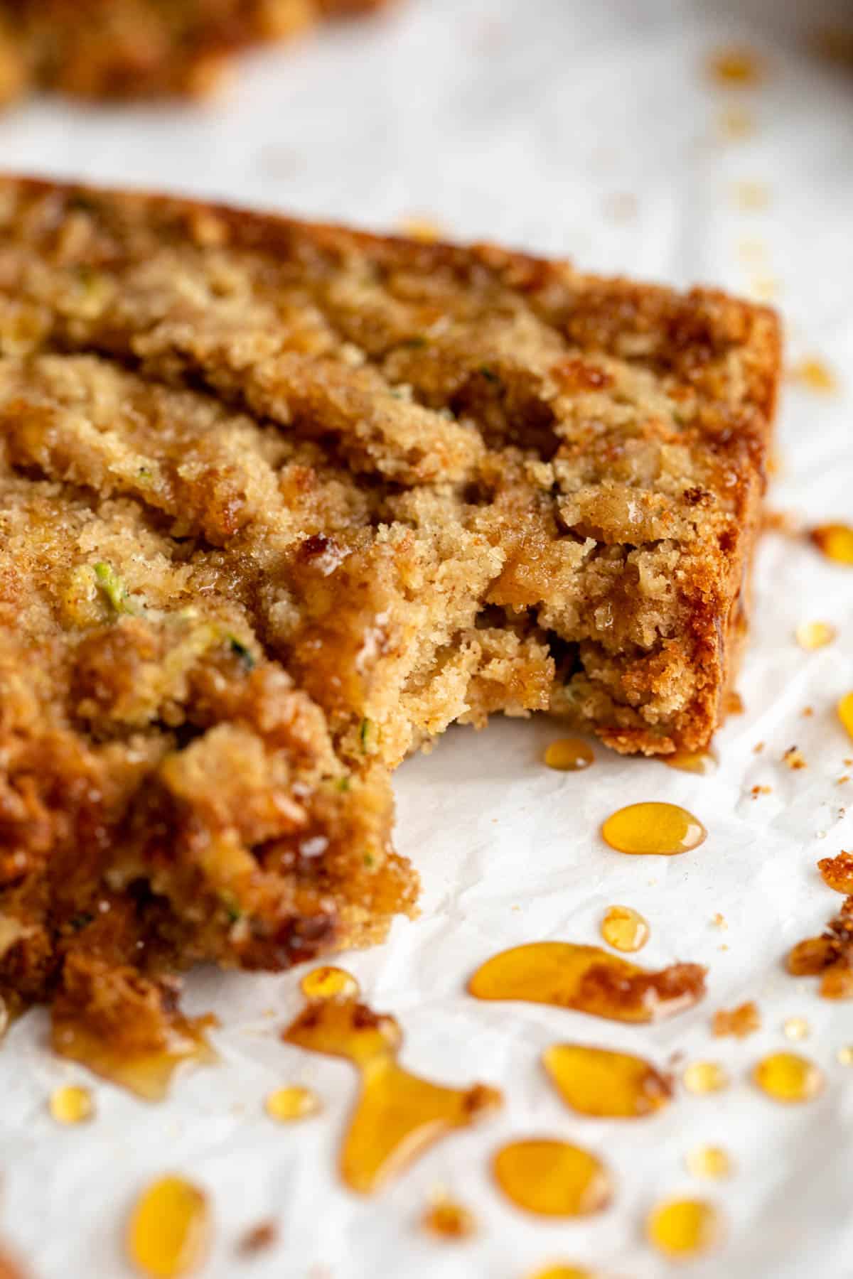 up close of the gluten free zucchini bread with honey