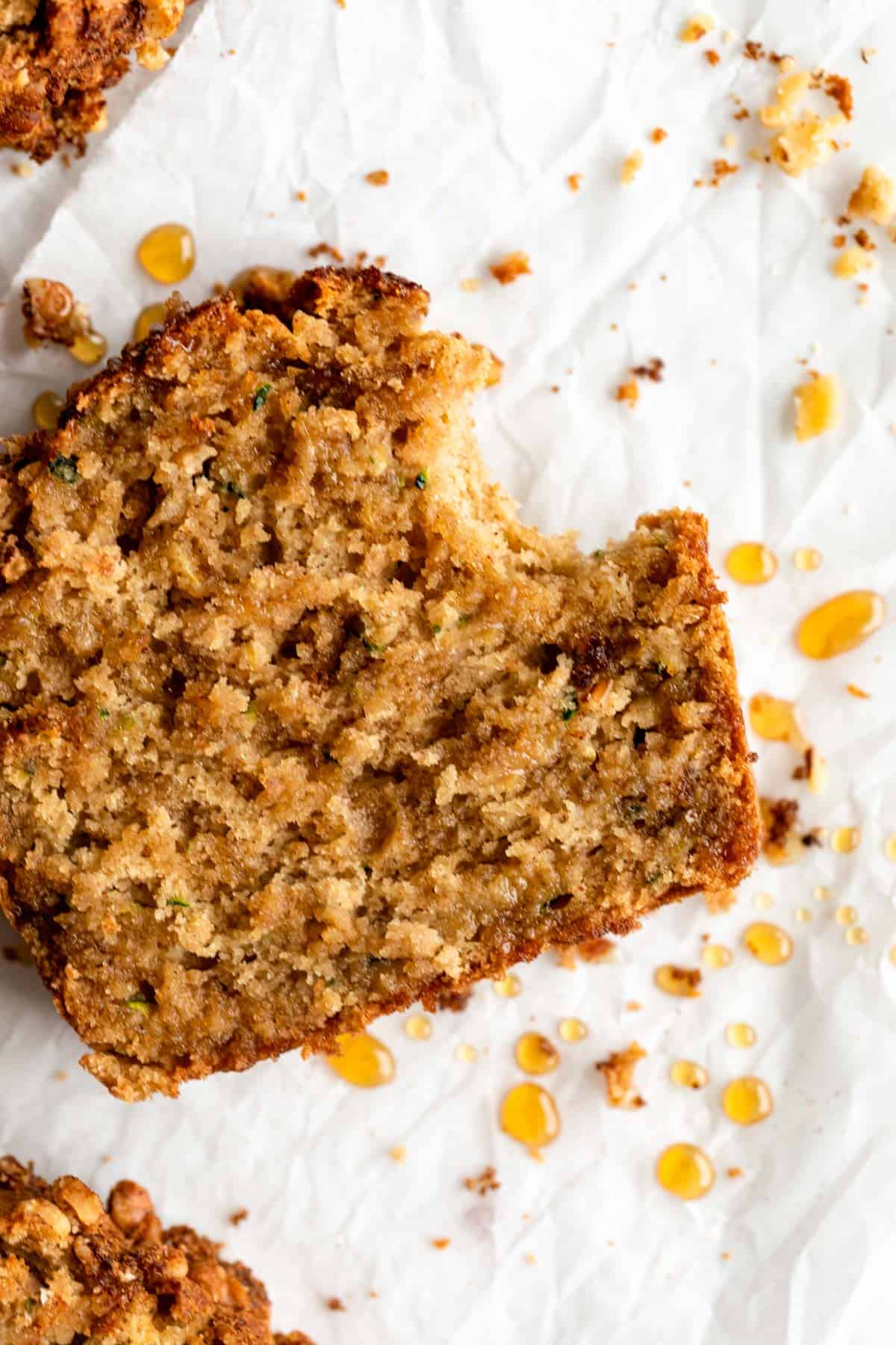 gluten free zucchini bread with a bite taken out of the corner