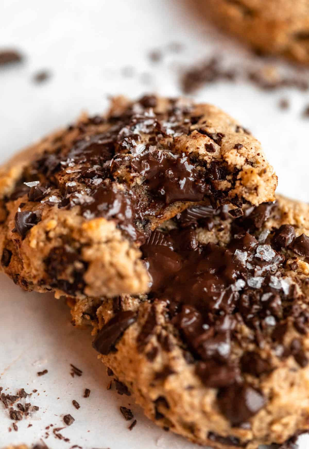 healthy chocolate chip cookies with a bite taken out 