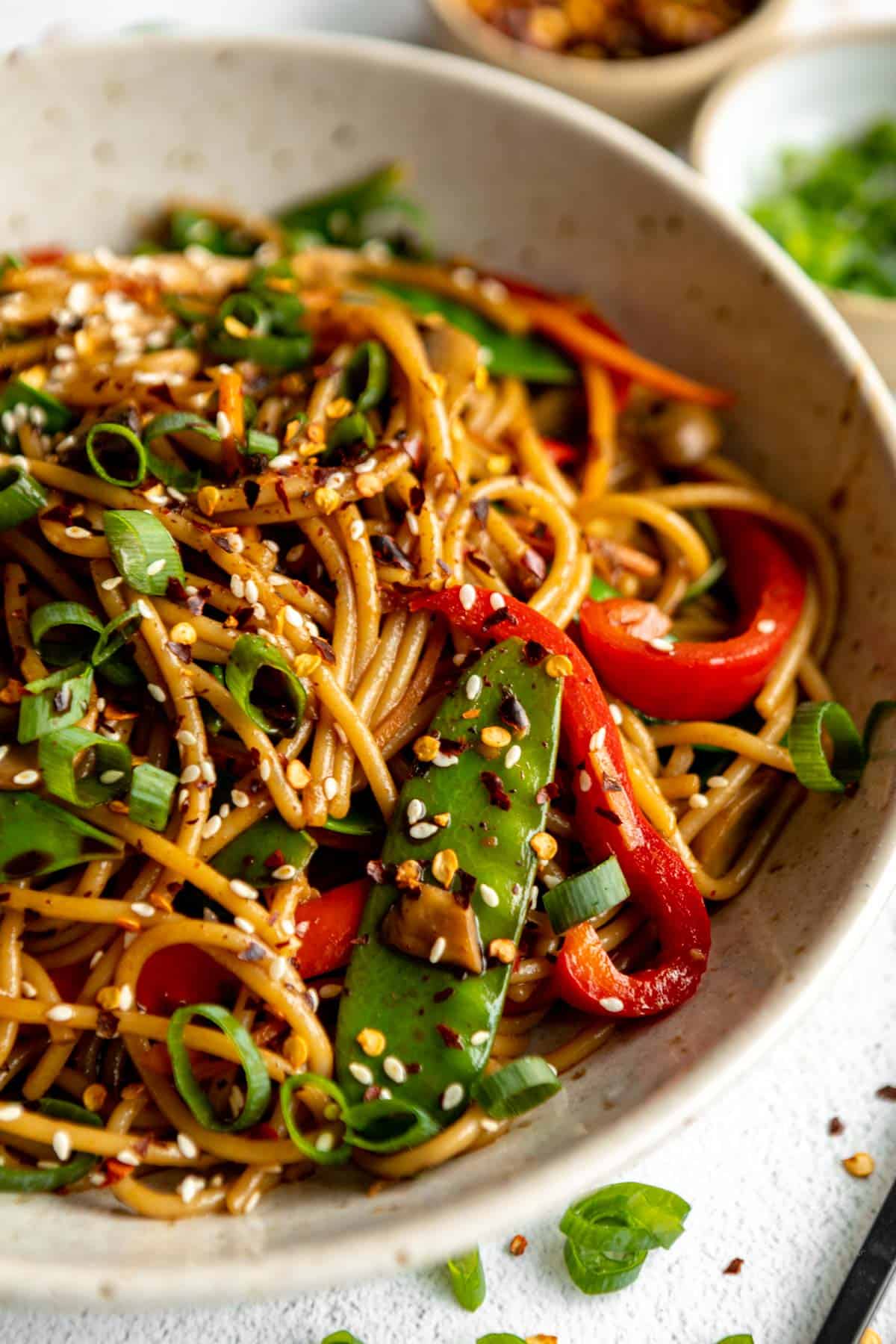 angled view of the vegetable lo mein with chopsticks in a bowl