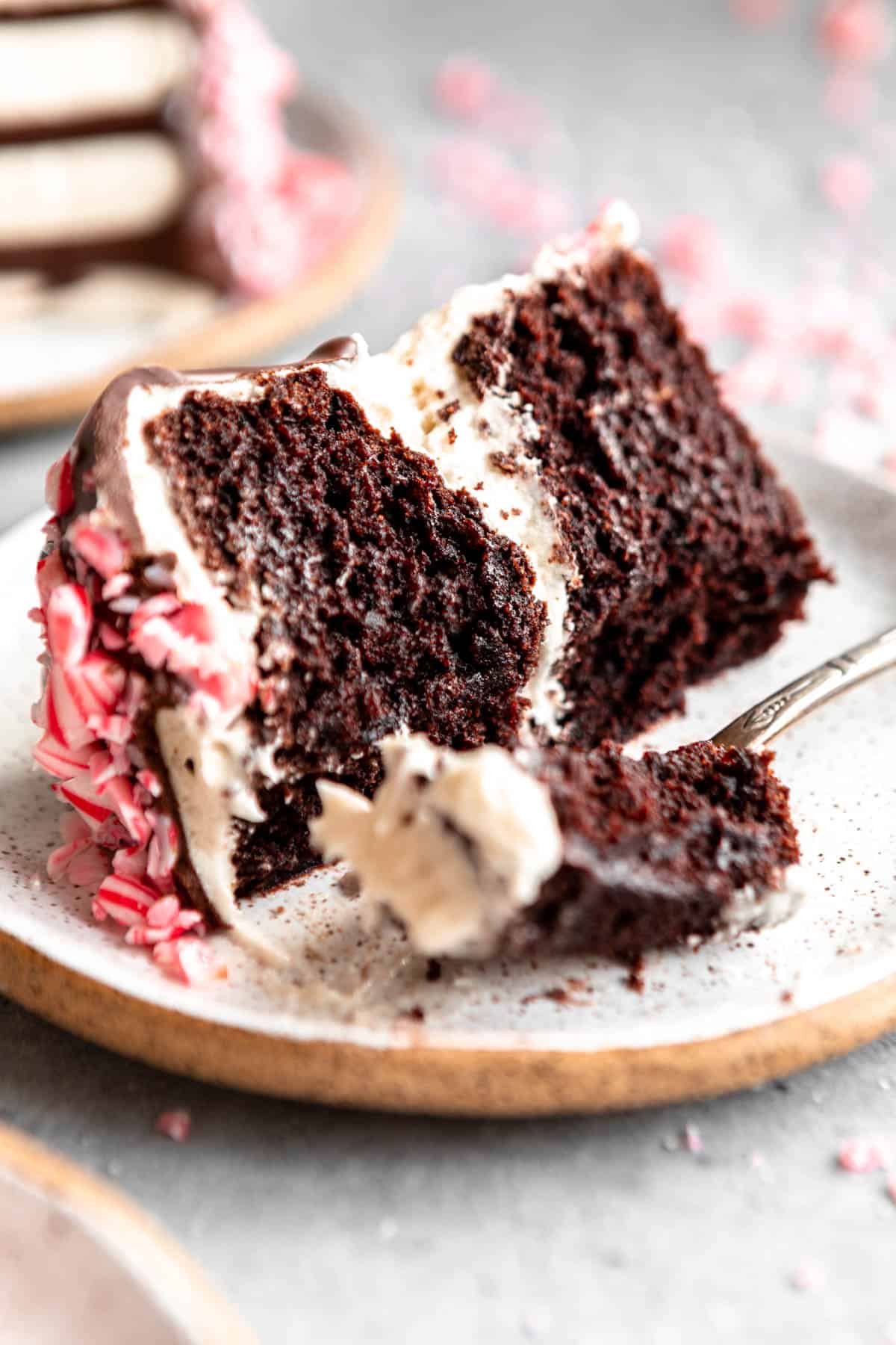gluten free chocolate peppermint cake on a plate with a fork