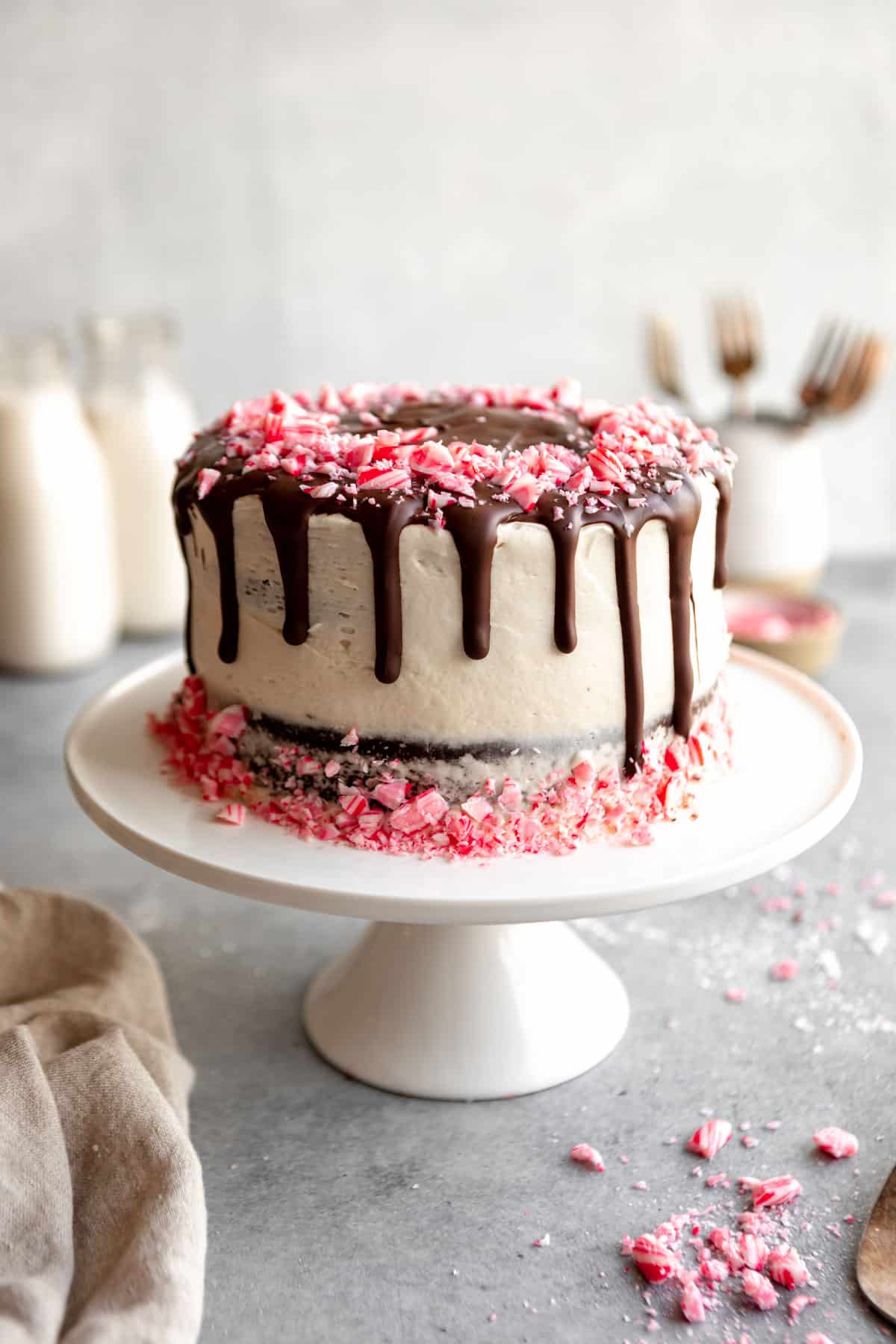 gluten free chocolate peppermint cake with candy canes on top