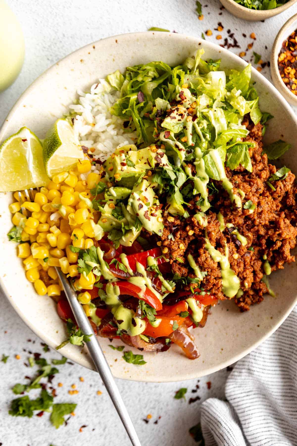 gluten free taco bowl with ground beef and veggies