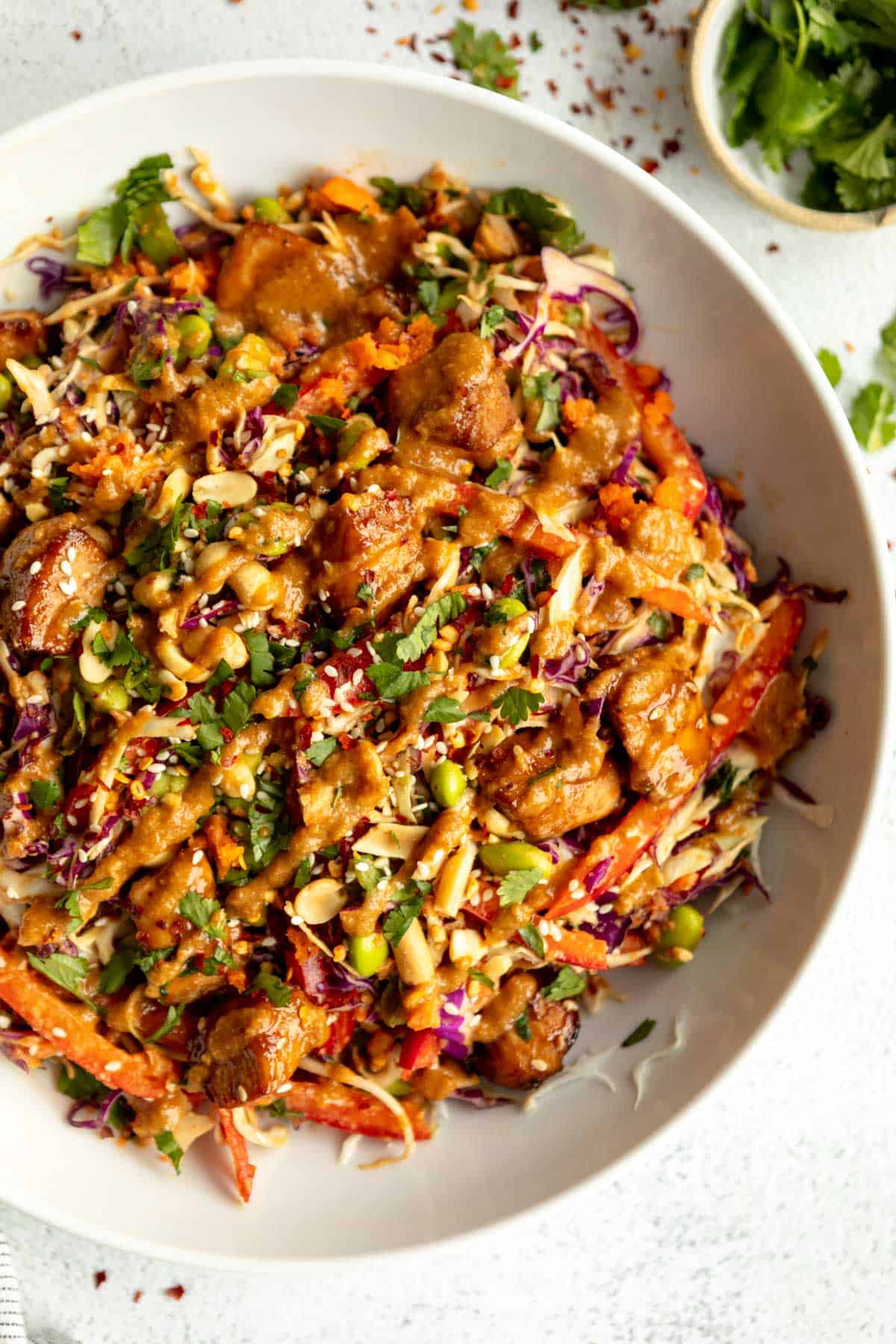asian chicken crunch salad with peanut dressing drizzled on top