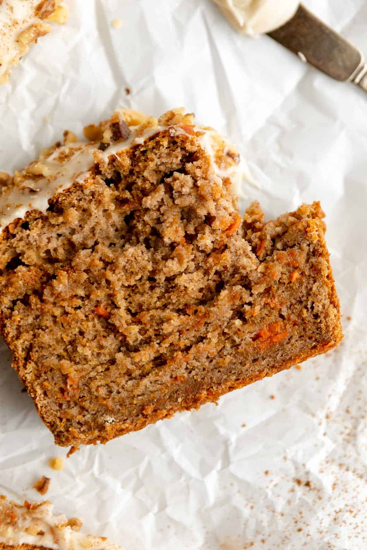 gluten free banana bread with carrot and spices on parchment paper