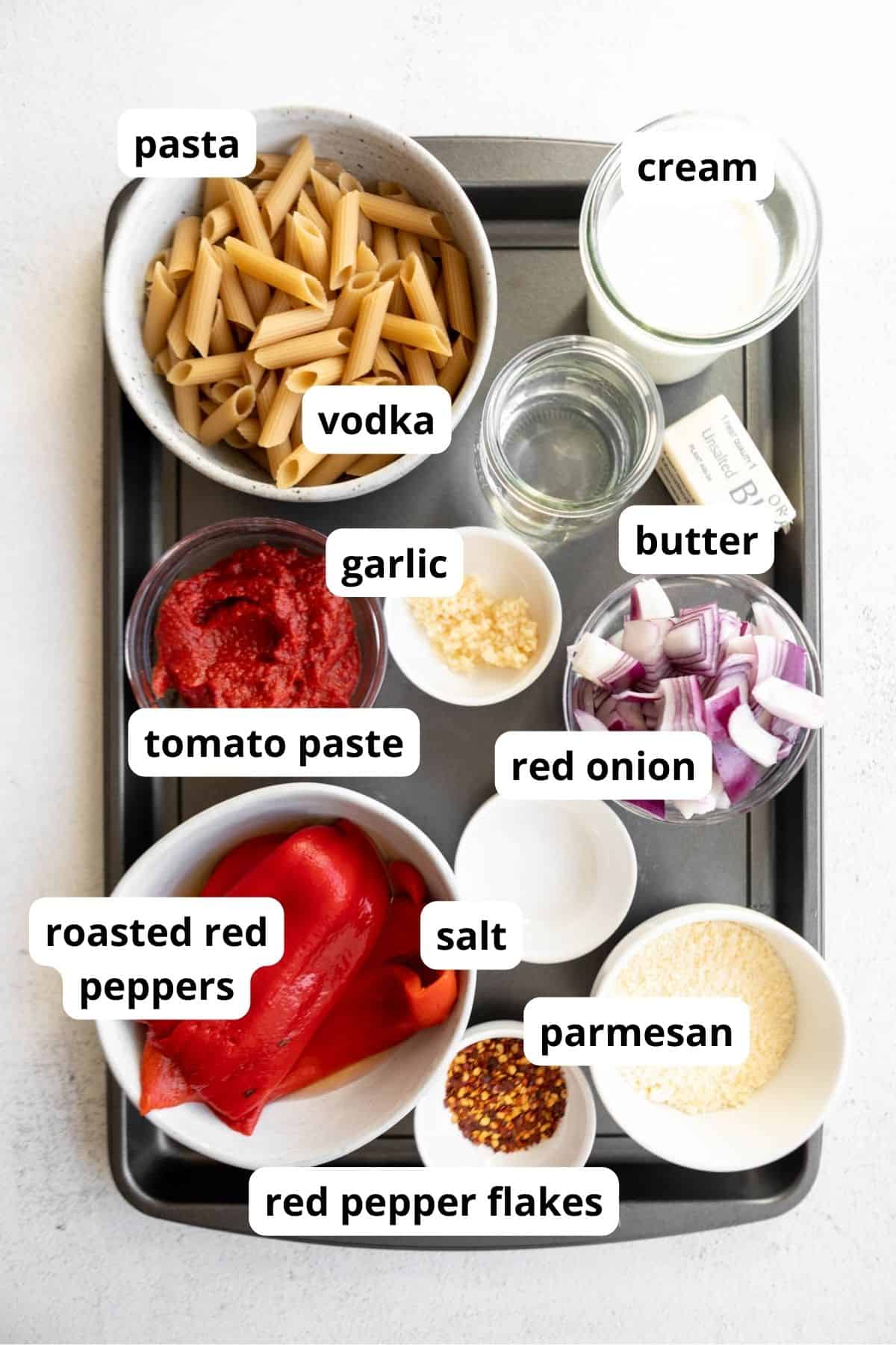 ingredients in bowls with labels 