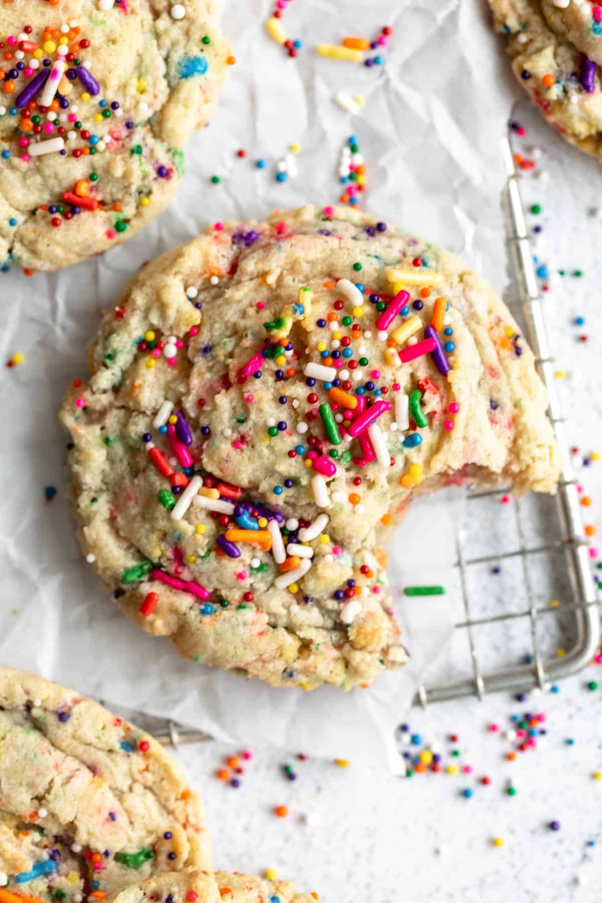 overhead shot of the vegan gluten free funfetti sugar cookie with sprinkles