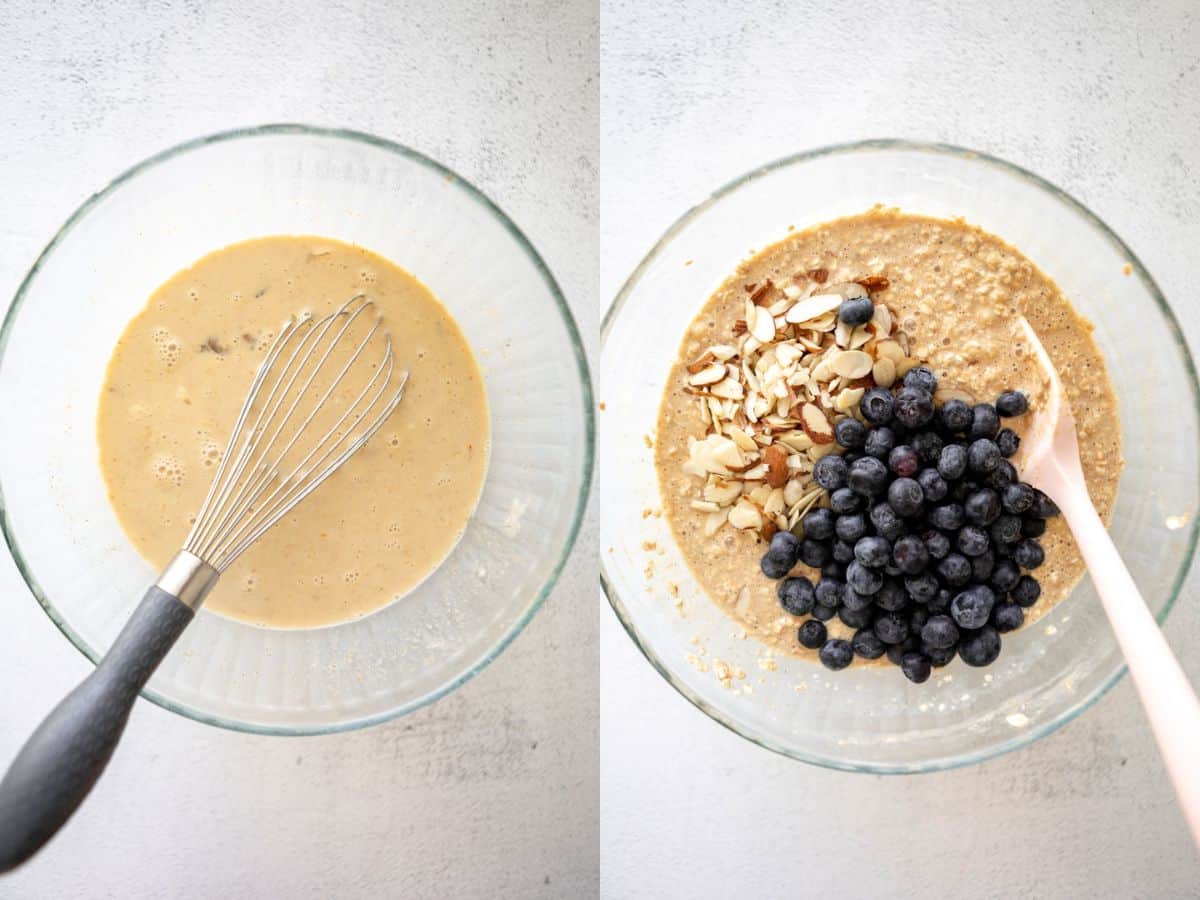 two images showing how to mix the wet and dry ingredients