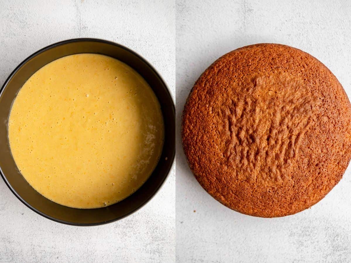 two images showing the cake before and after baking
