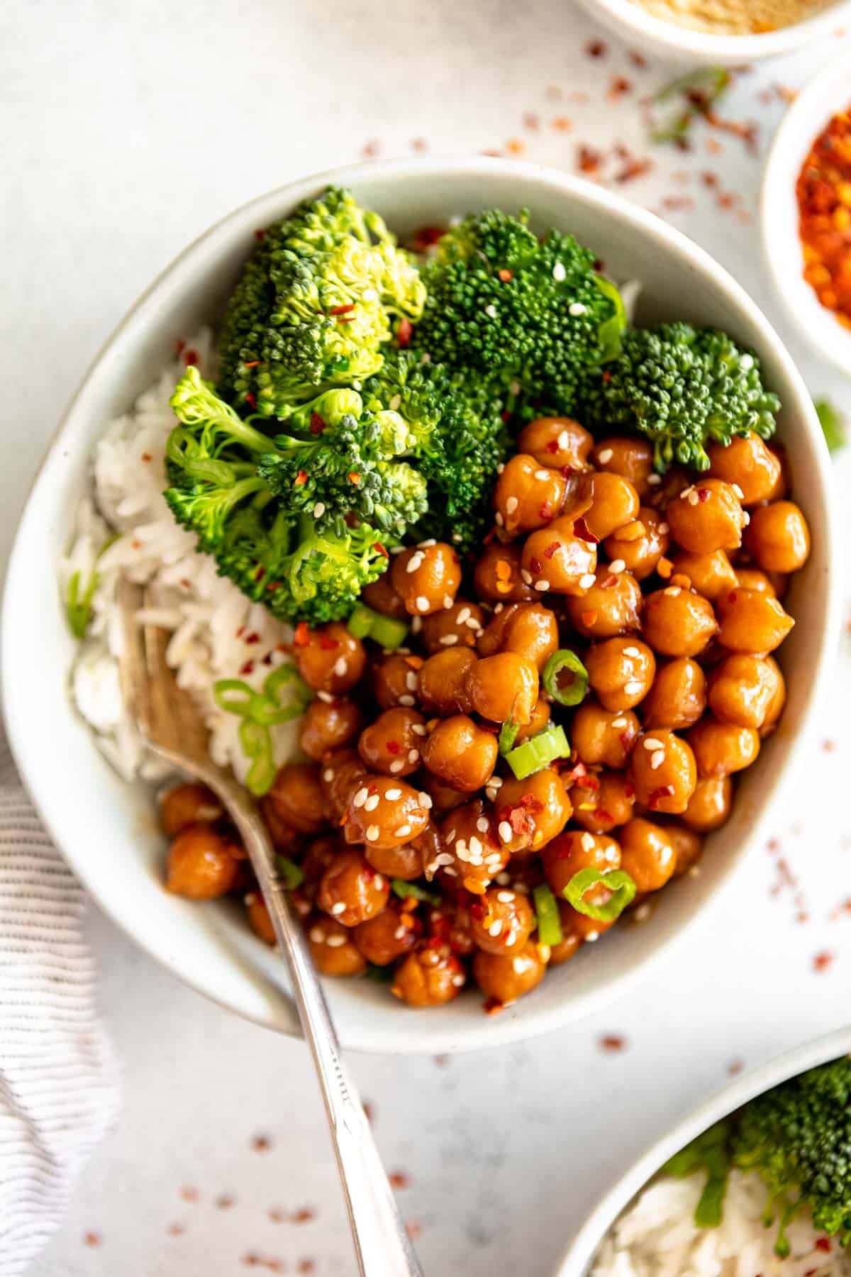 vegan sticky sesame chickpeas with broccoli
