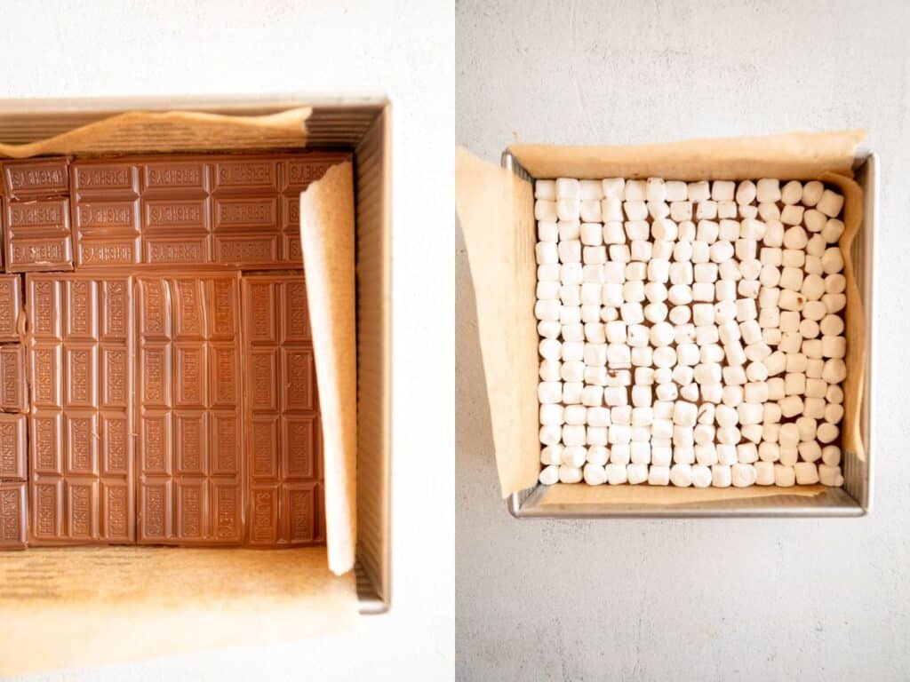 two images of the chocolate and marshmallows melting