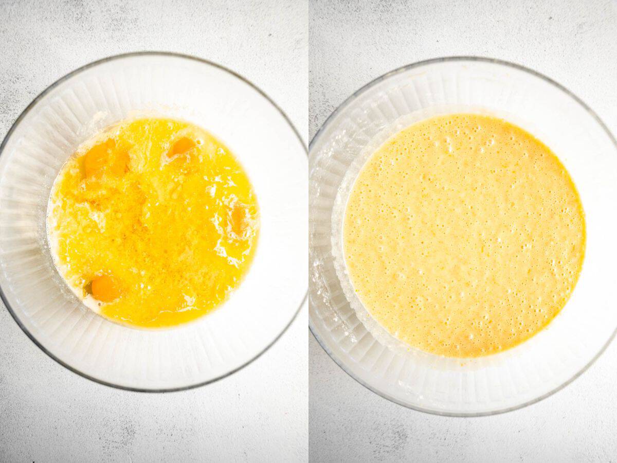 two images showing how to whisk the batter