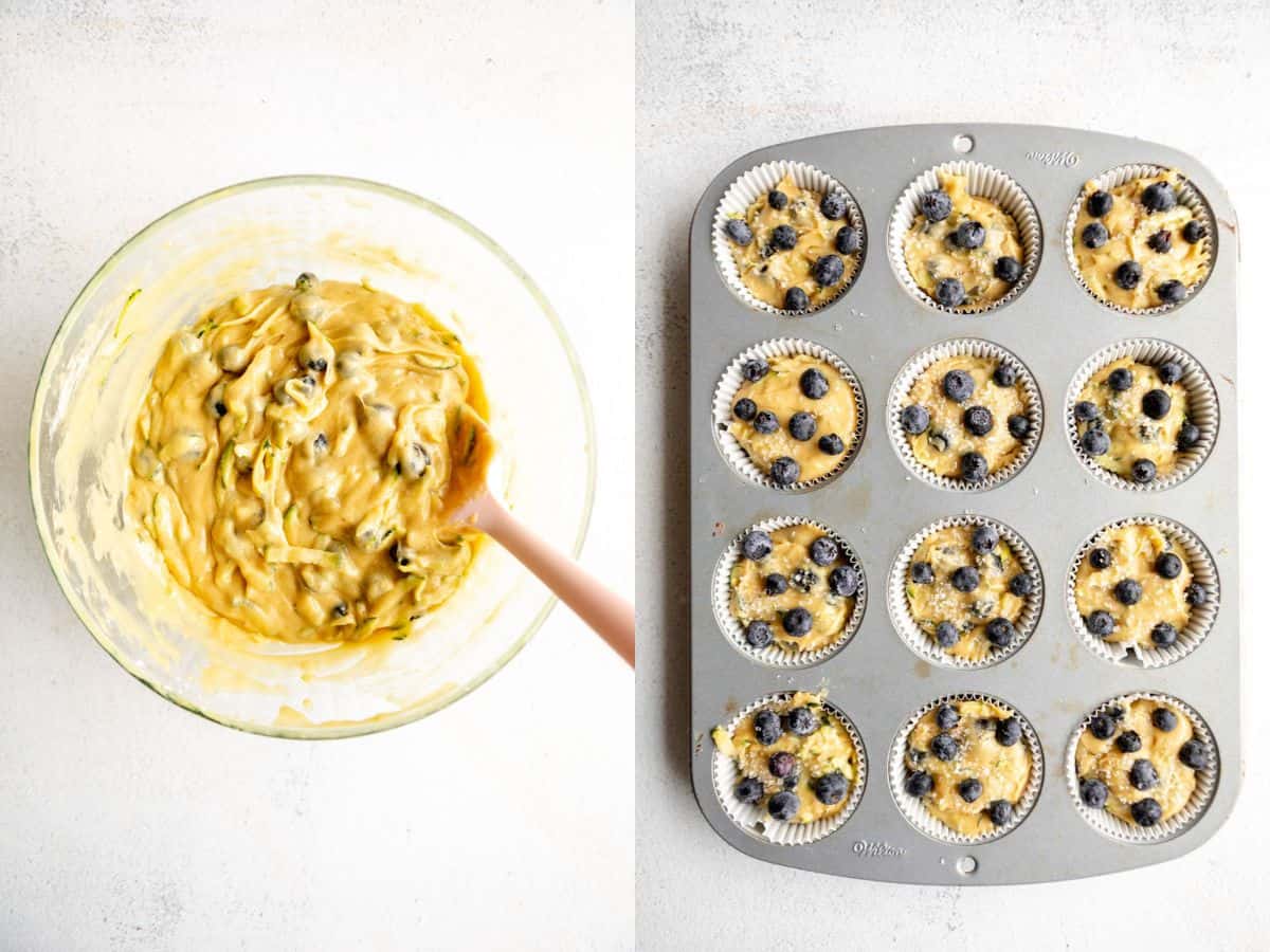 two images of the batter in a bowl and muffin tray