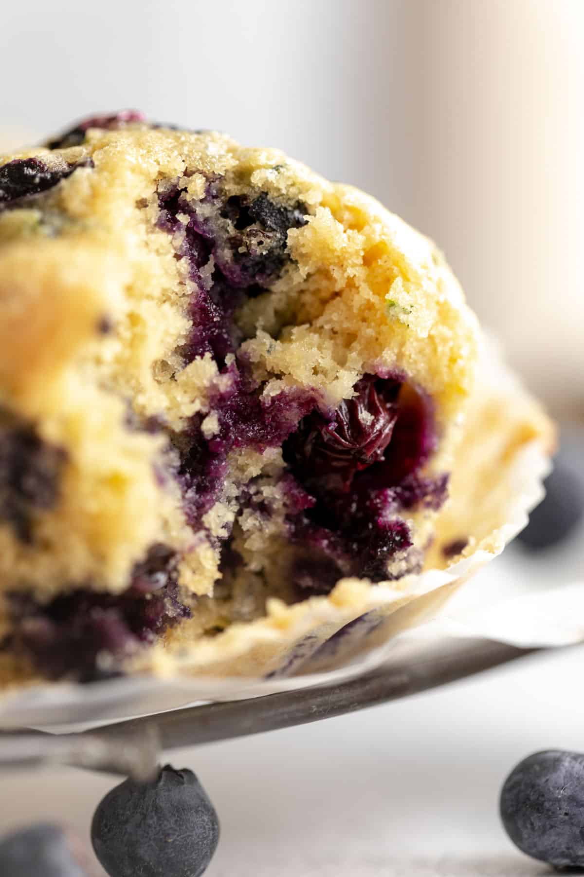 up close of gluten free zucchini muffin with blueberries