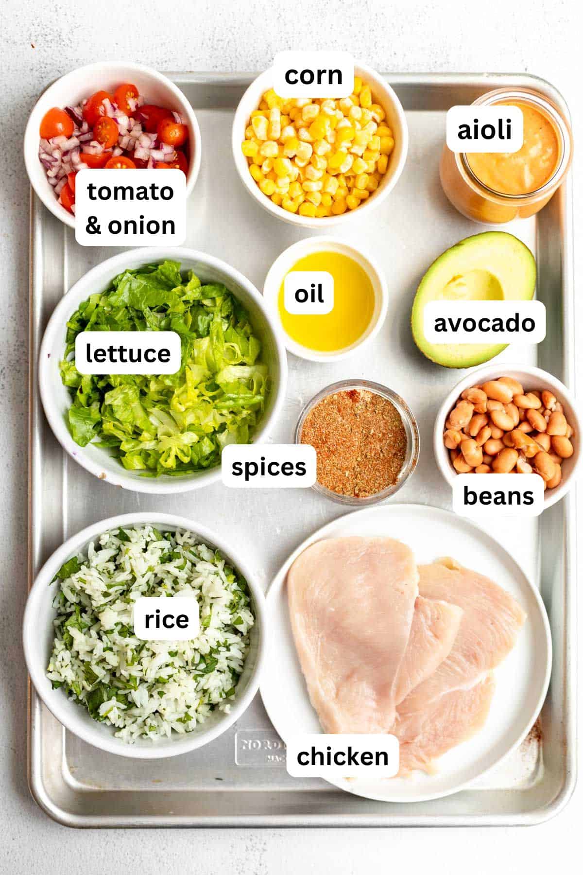 ingredients in bowls with labels