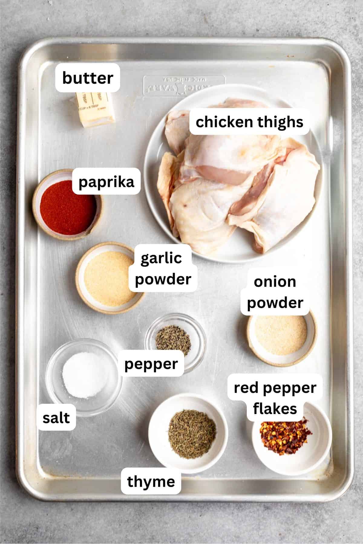 ingredients for the recipe in bowls with labels
