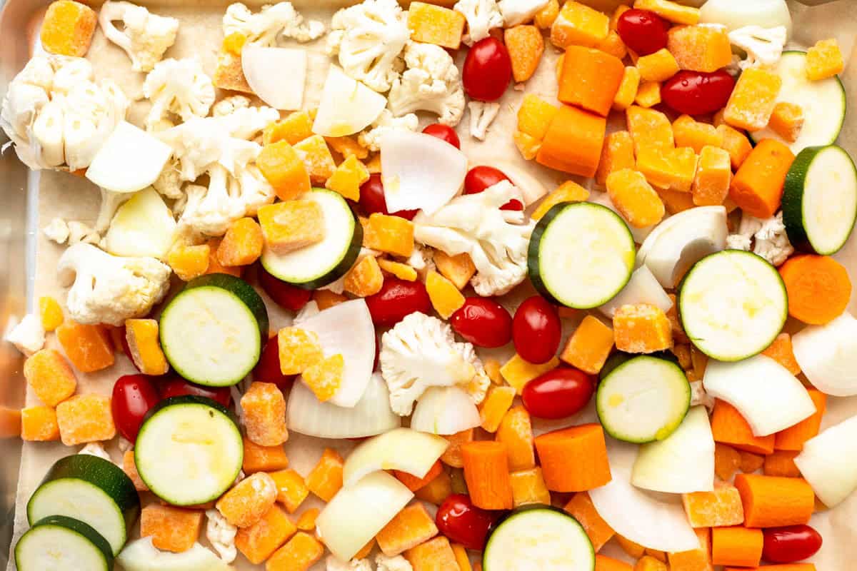veggies on a baking dish before roasting