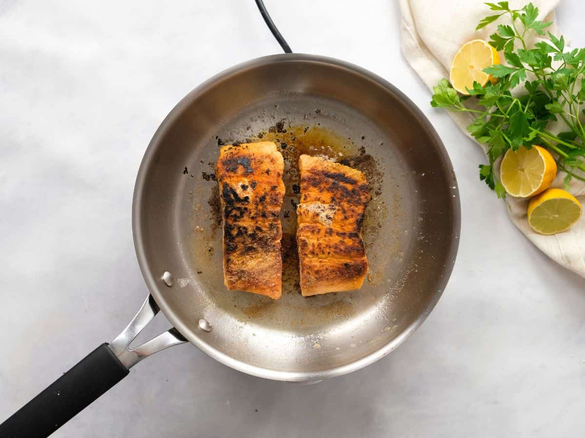 fish in a pan after cooking