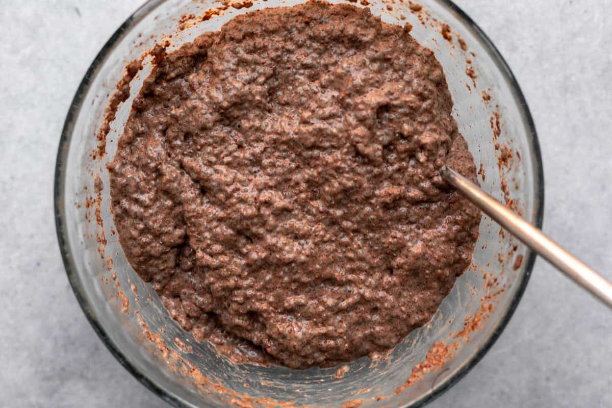 chocolate chia pudding in a bowl after soaking
