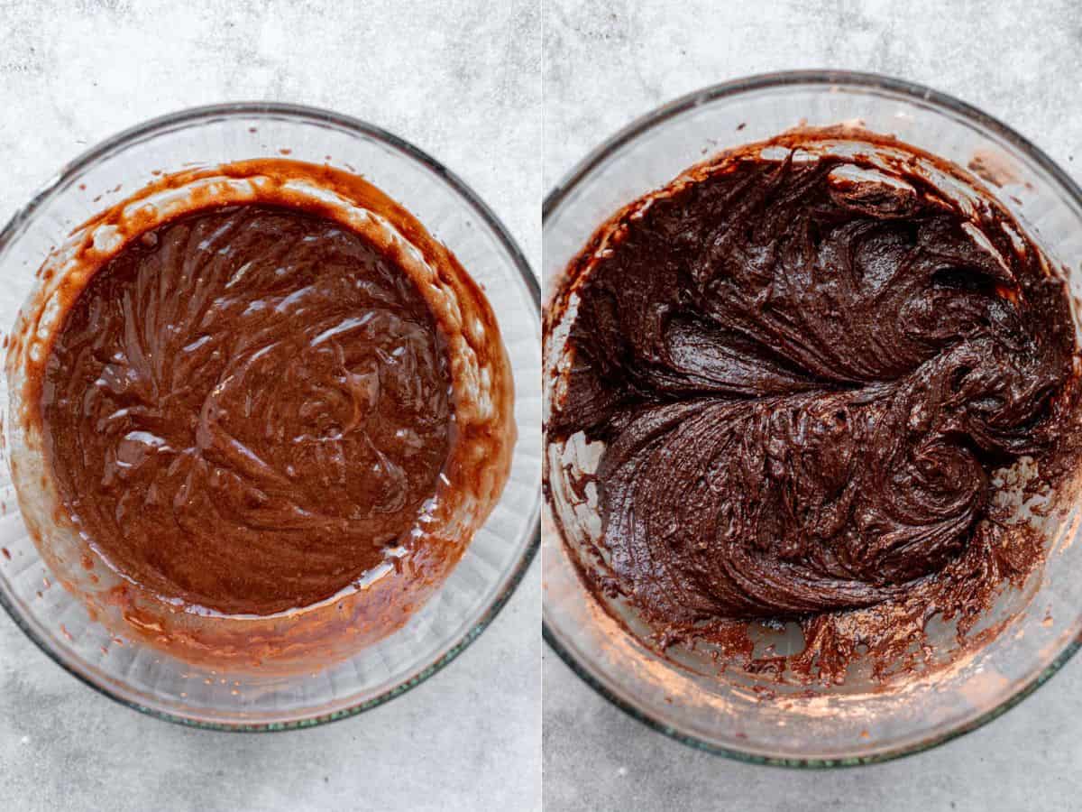 two images showing how to make the brownie layer