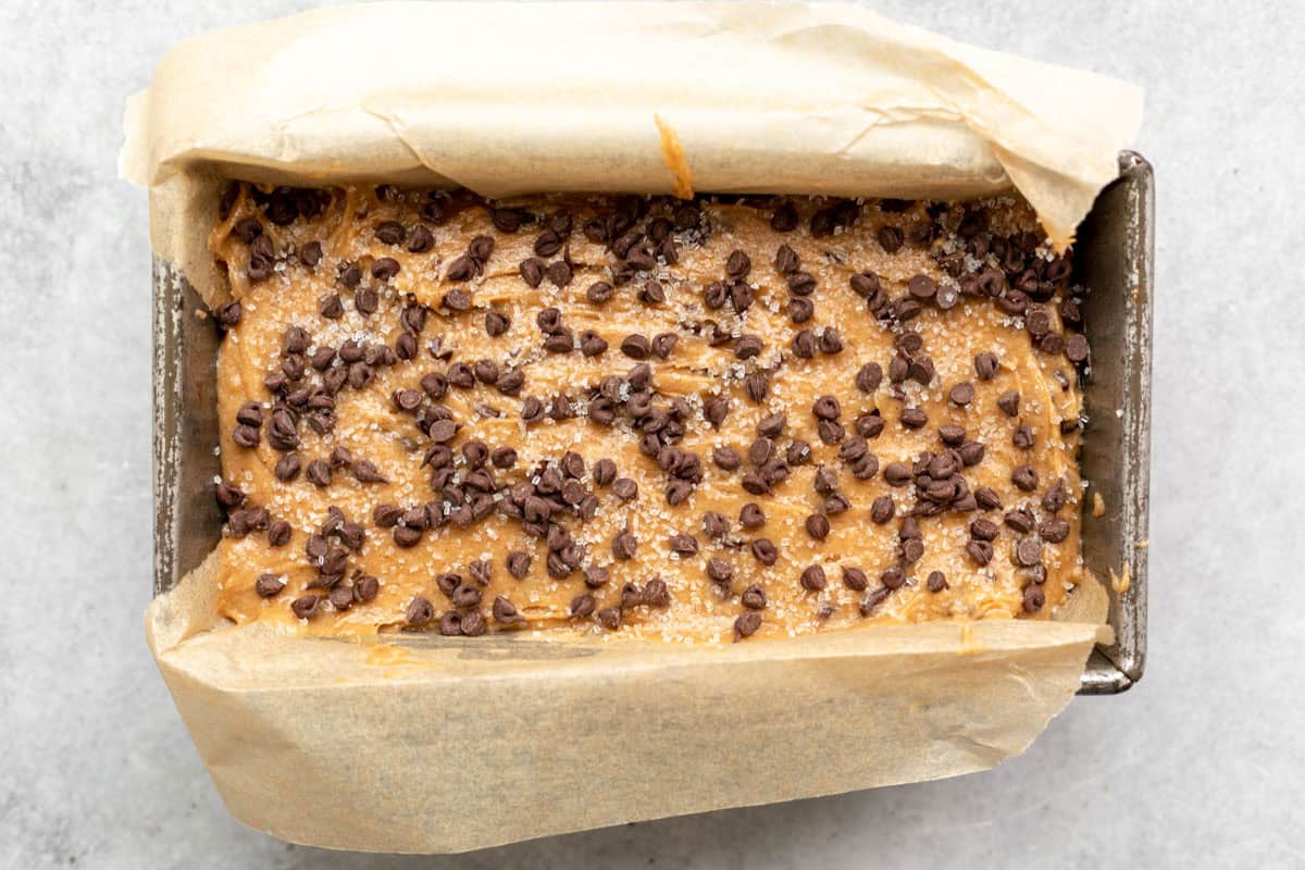 banana bread in a loaf pan before baking