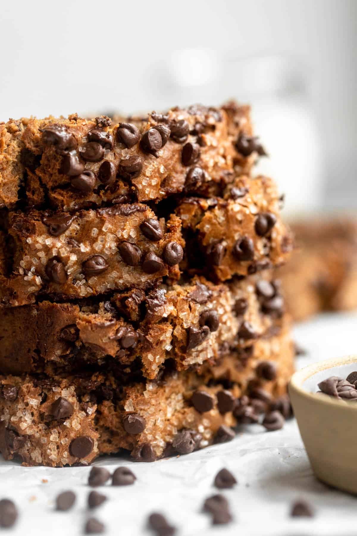 four slices of gluten free banana bread with chocolate chips