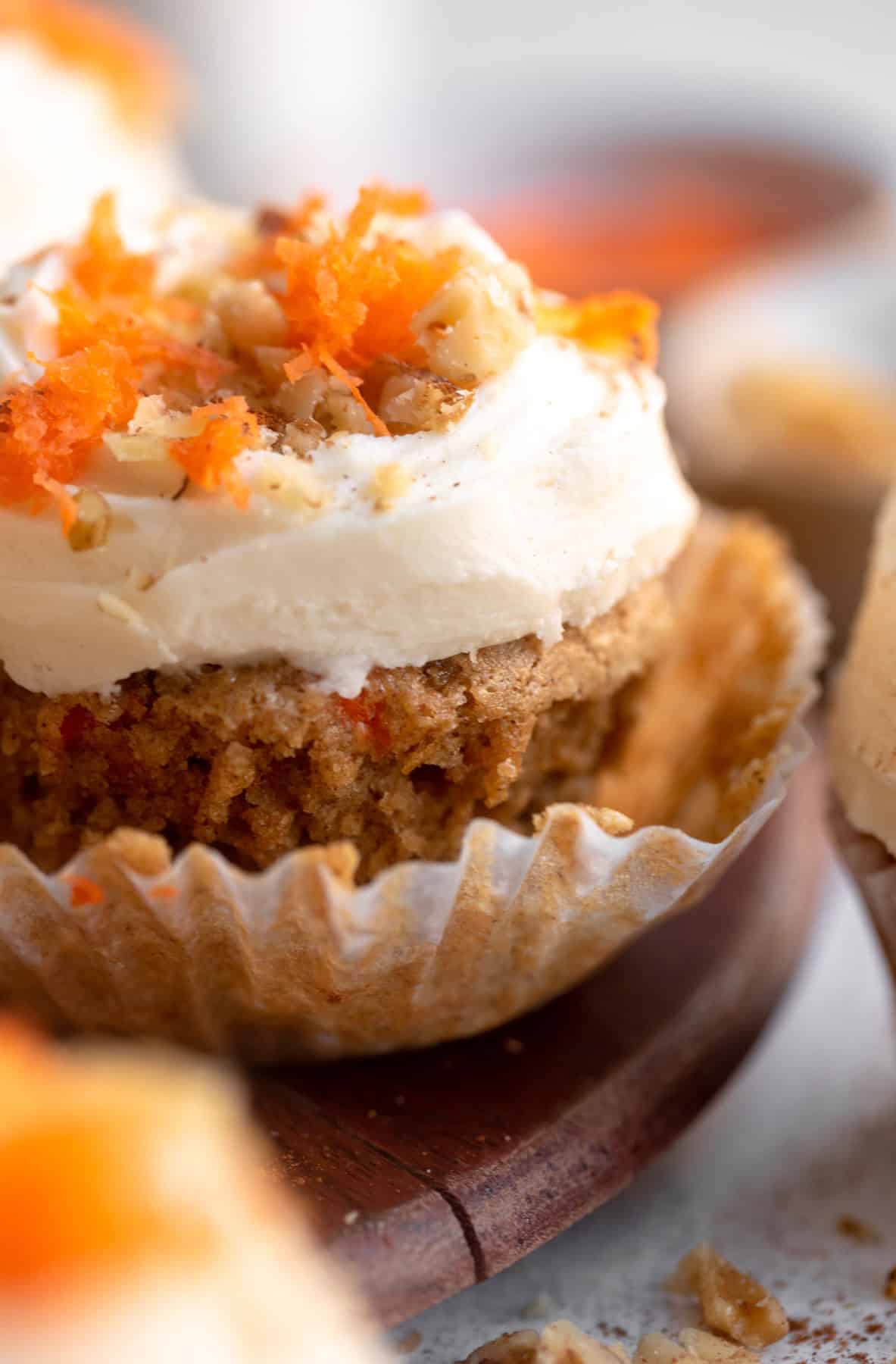 gluten free carrot cake cupcakes with the wrapper pulled off