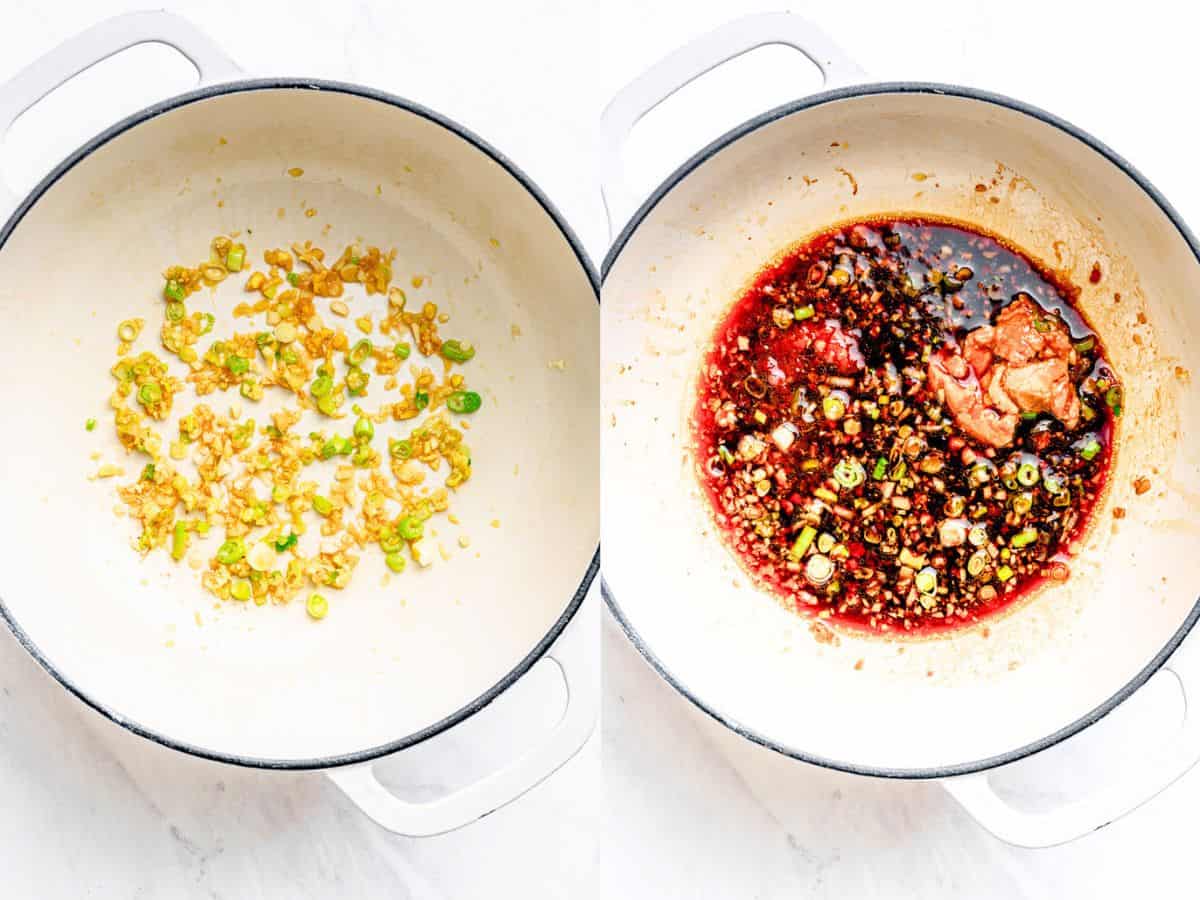 two images of the garlic and ginger cooking in a pot
