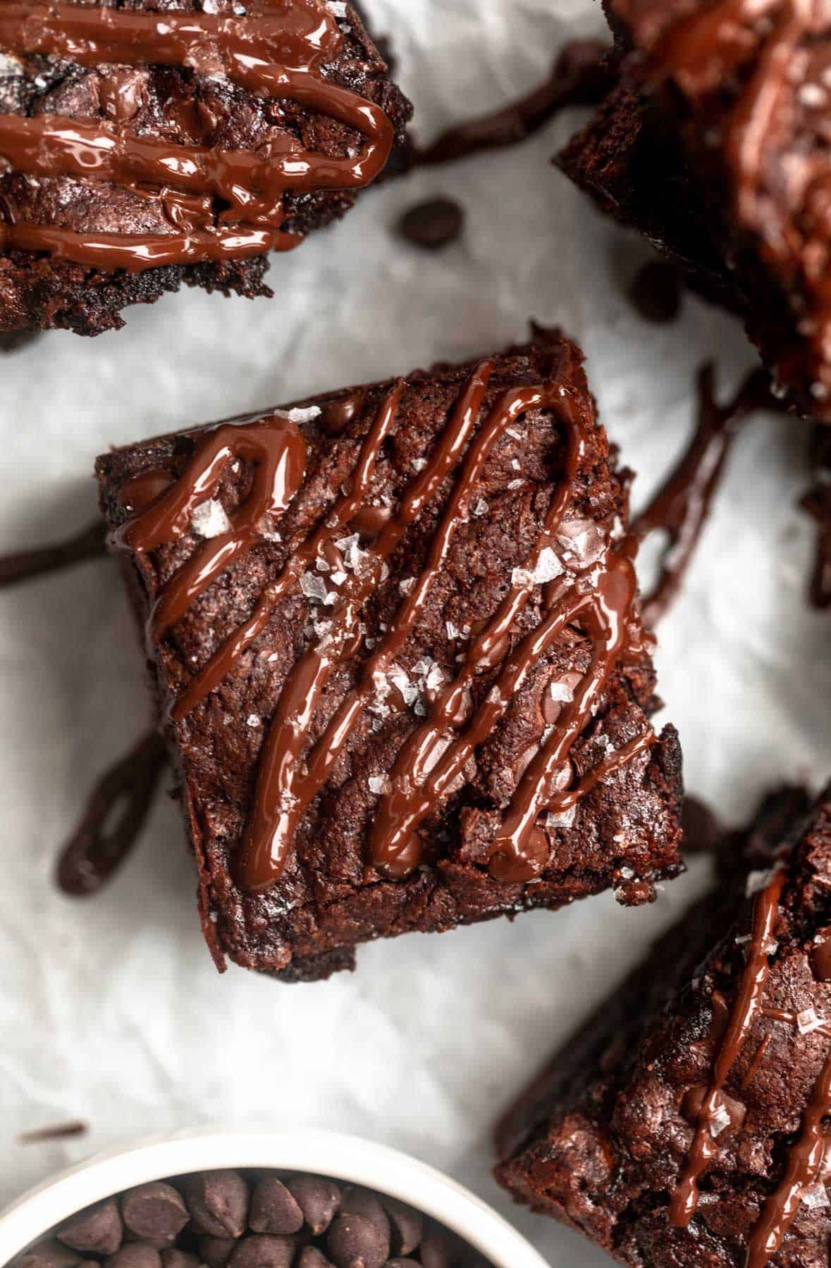 overhead shot of gluten free zucchini brownie with chocolate