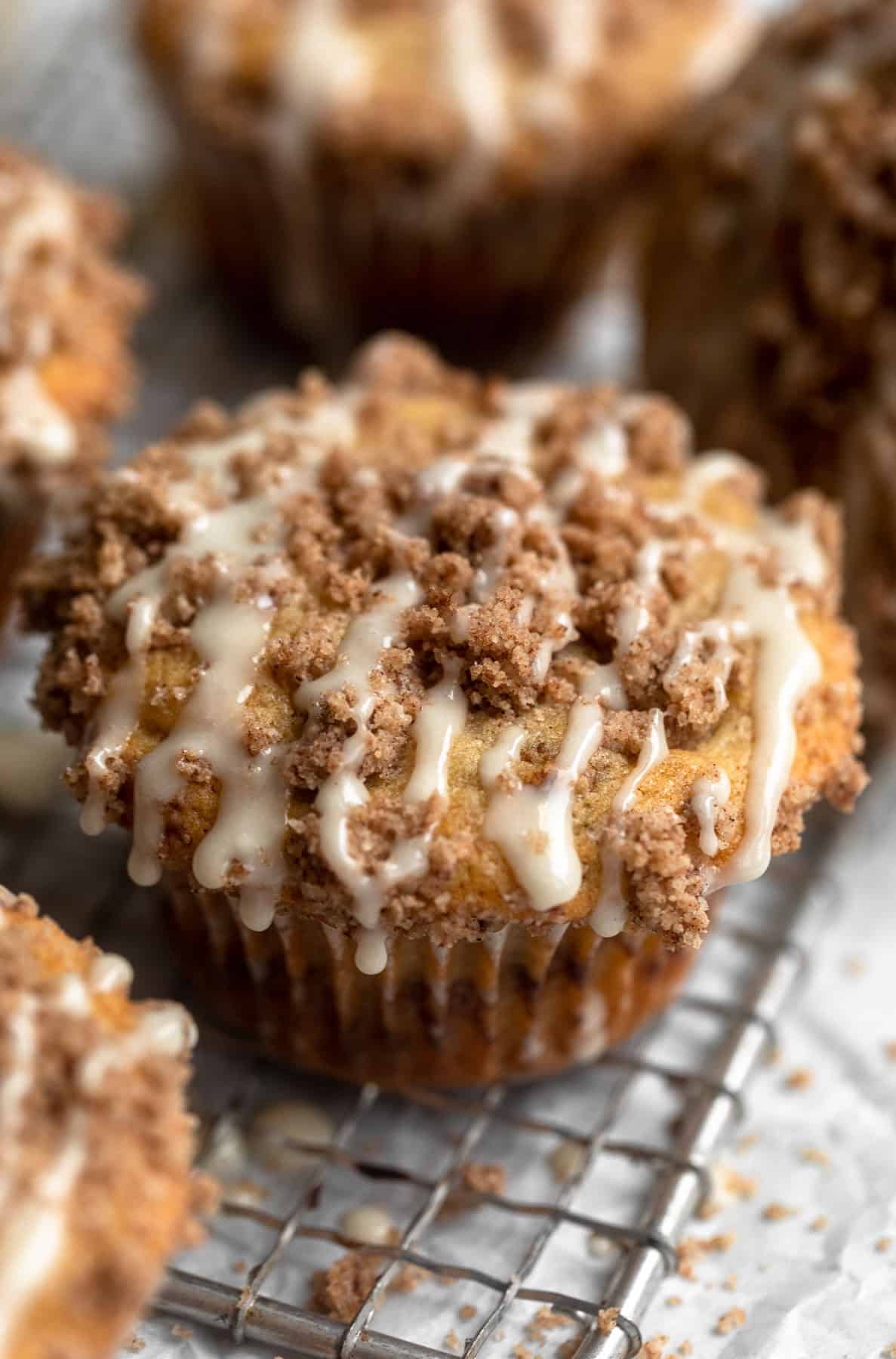 angled view of the final gluten free coffee cake muffin to show streusel top