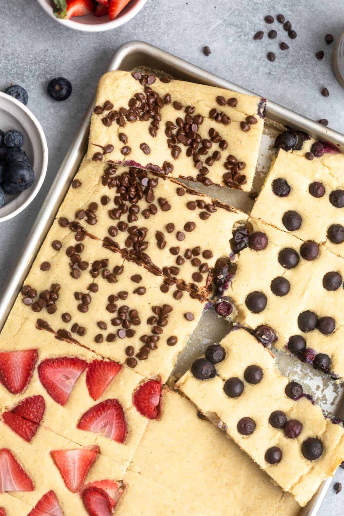 up close of the sheet pan pancakes with chocolate chips on top