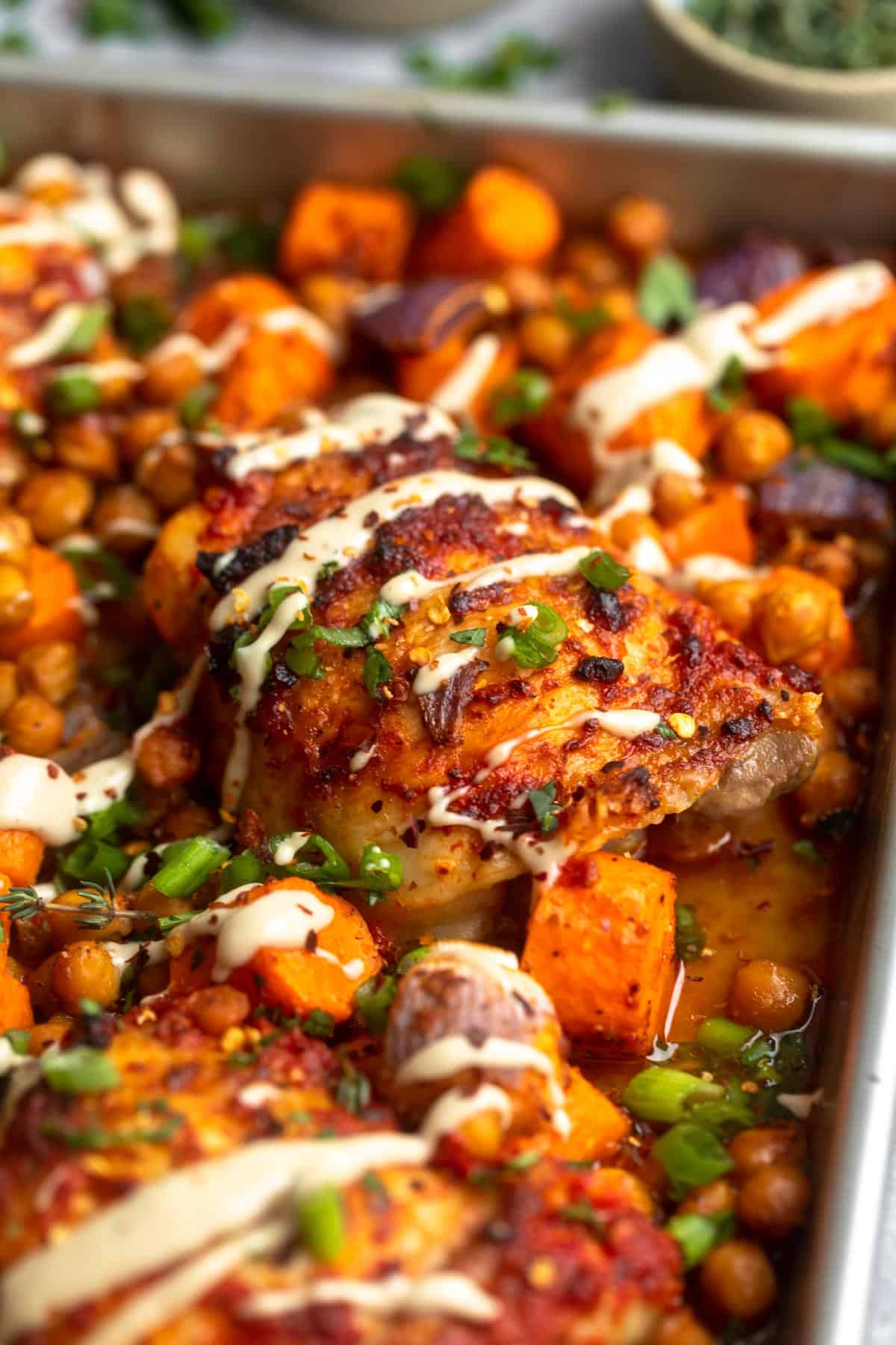 angled view of the harissa sheet pan chicken with herbs