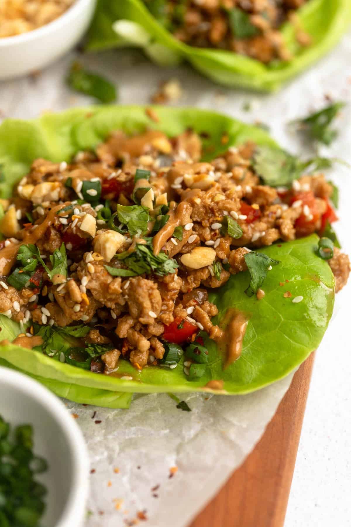 angled view of the chicken lettuce wraps 