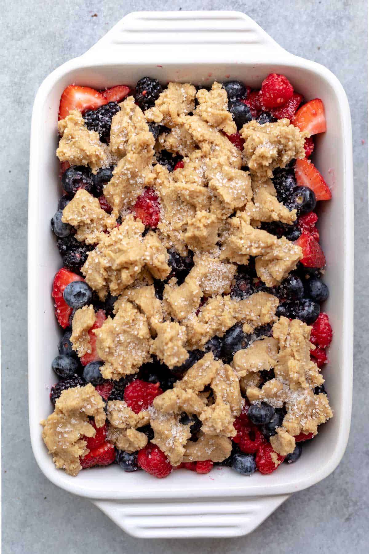 crumble in a baking dish before going in the oven