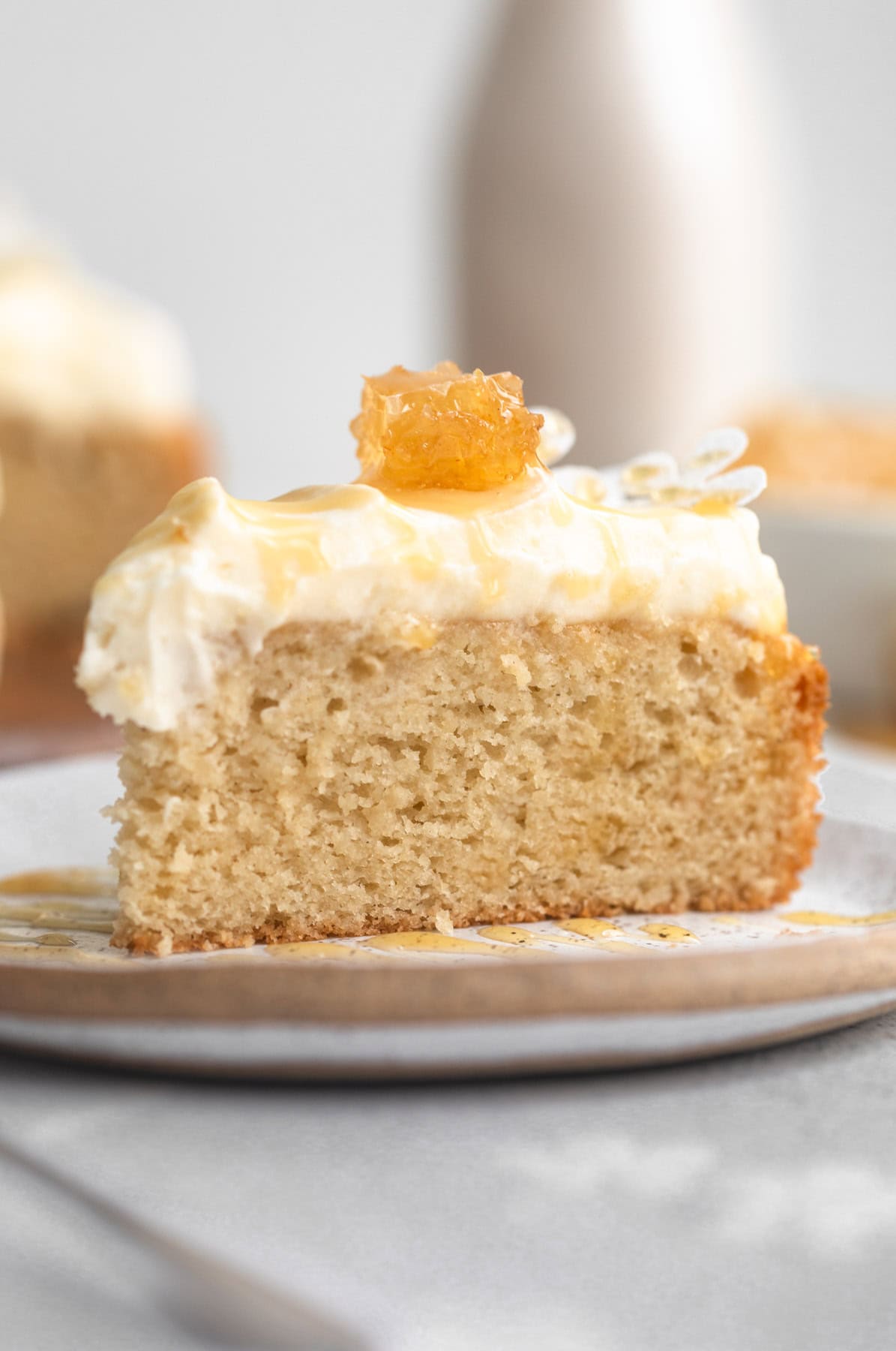 slice of the gluten free honey cloud cake on a plate