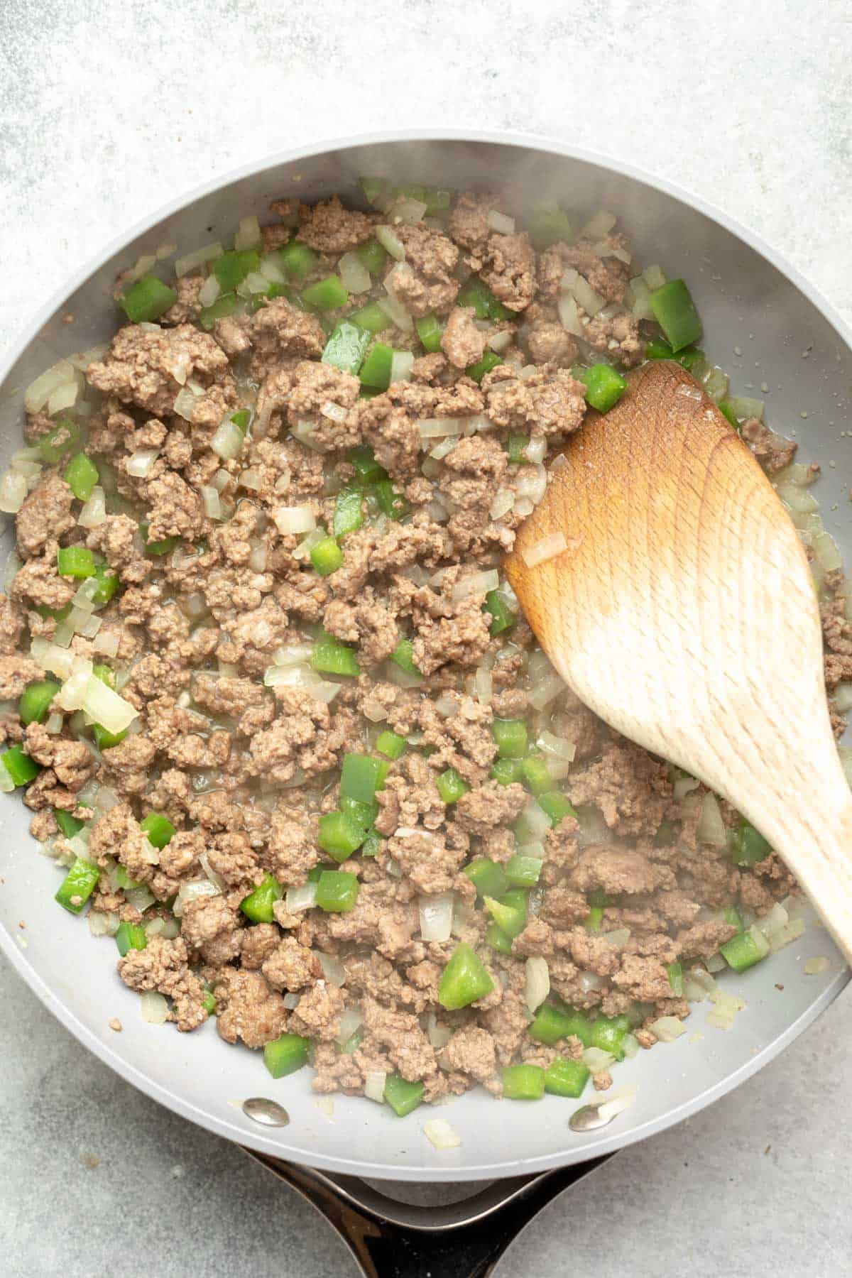 beef and veggies in the skillet