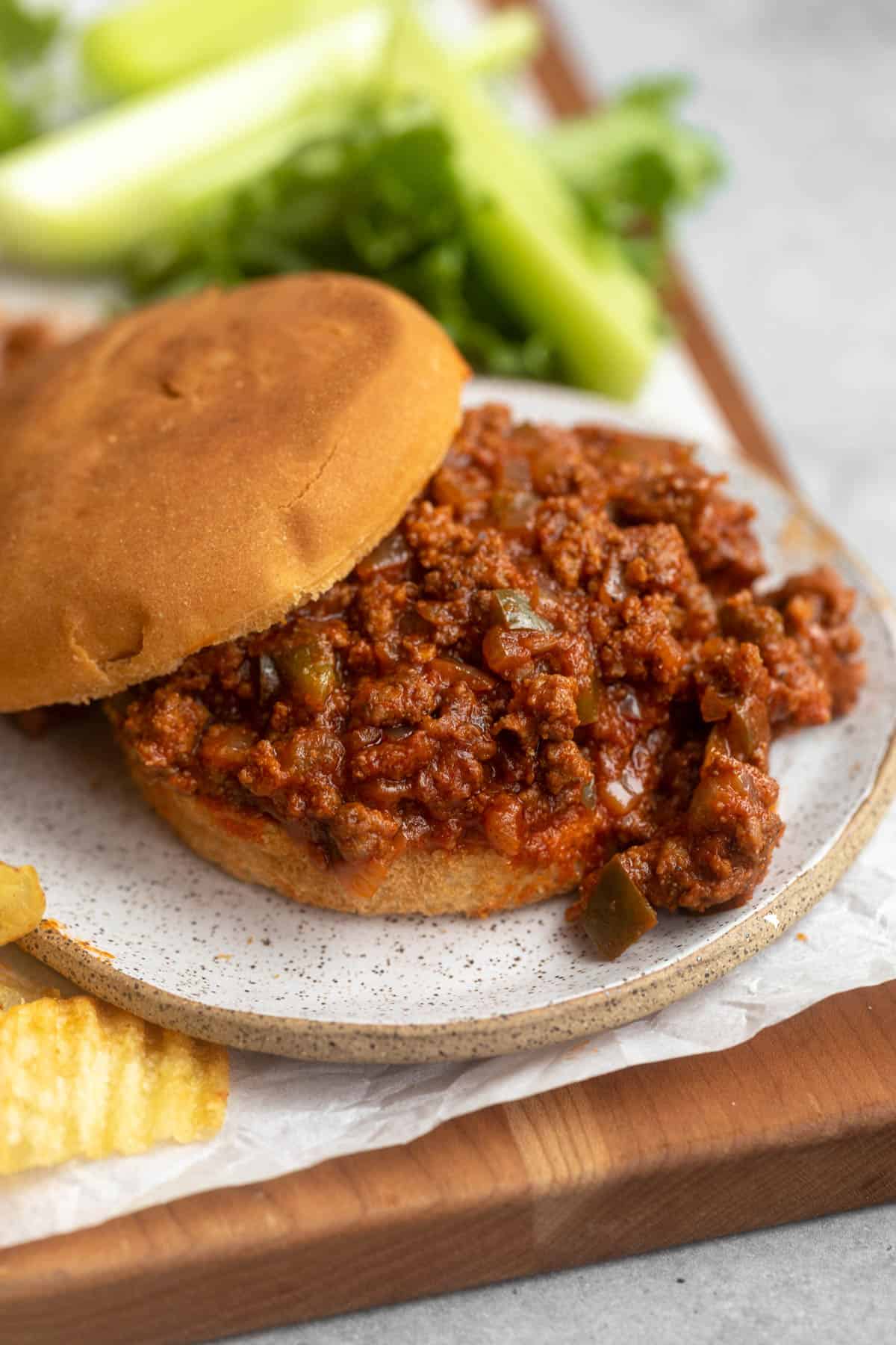 gluten free sloppy joe on a plate with chips