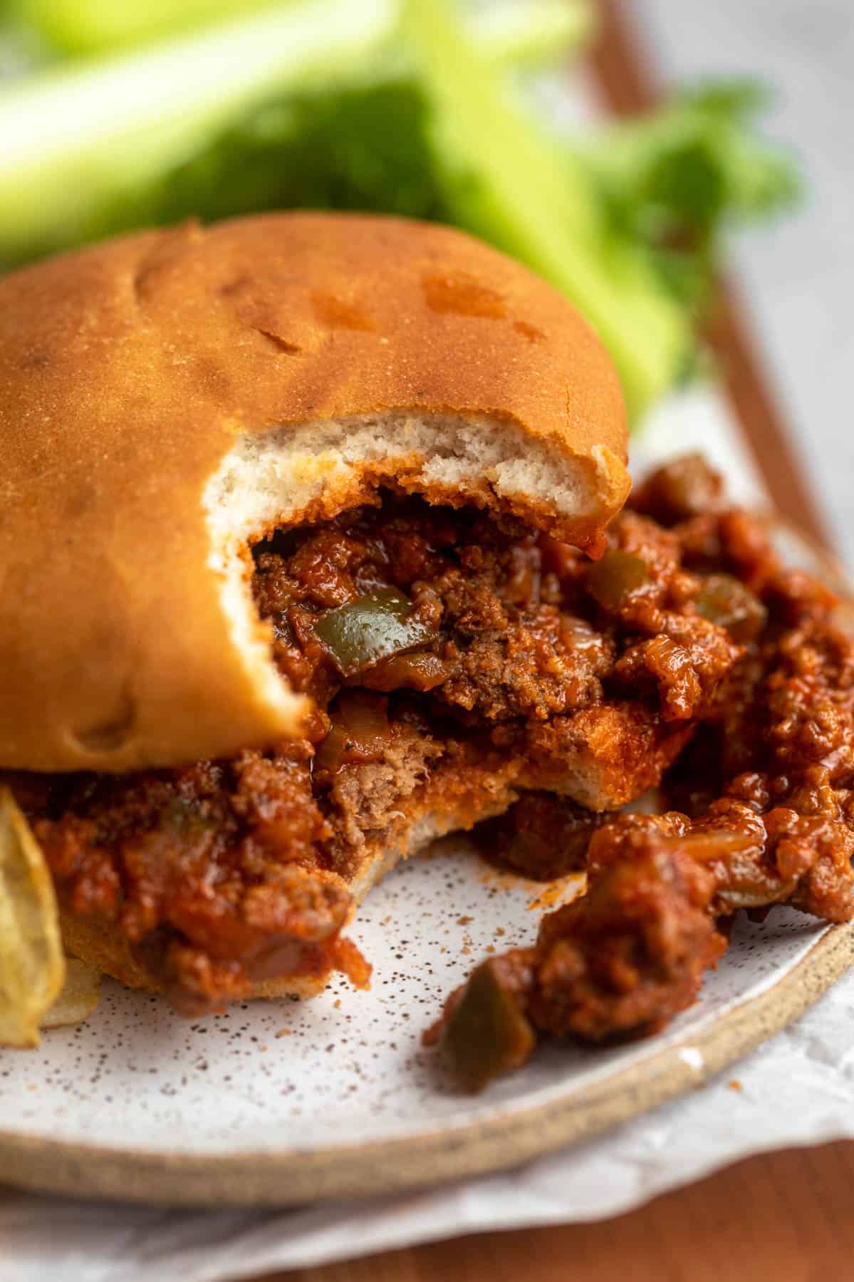 gluten free sloppy joe with a bite taken out