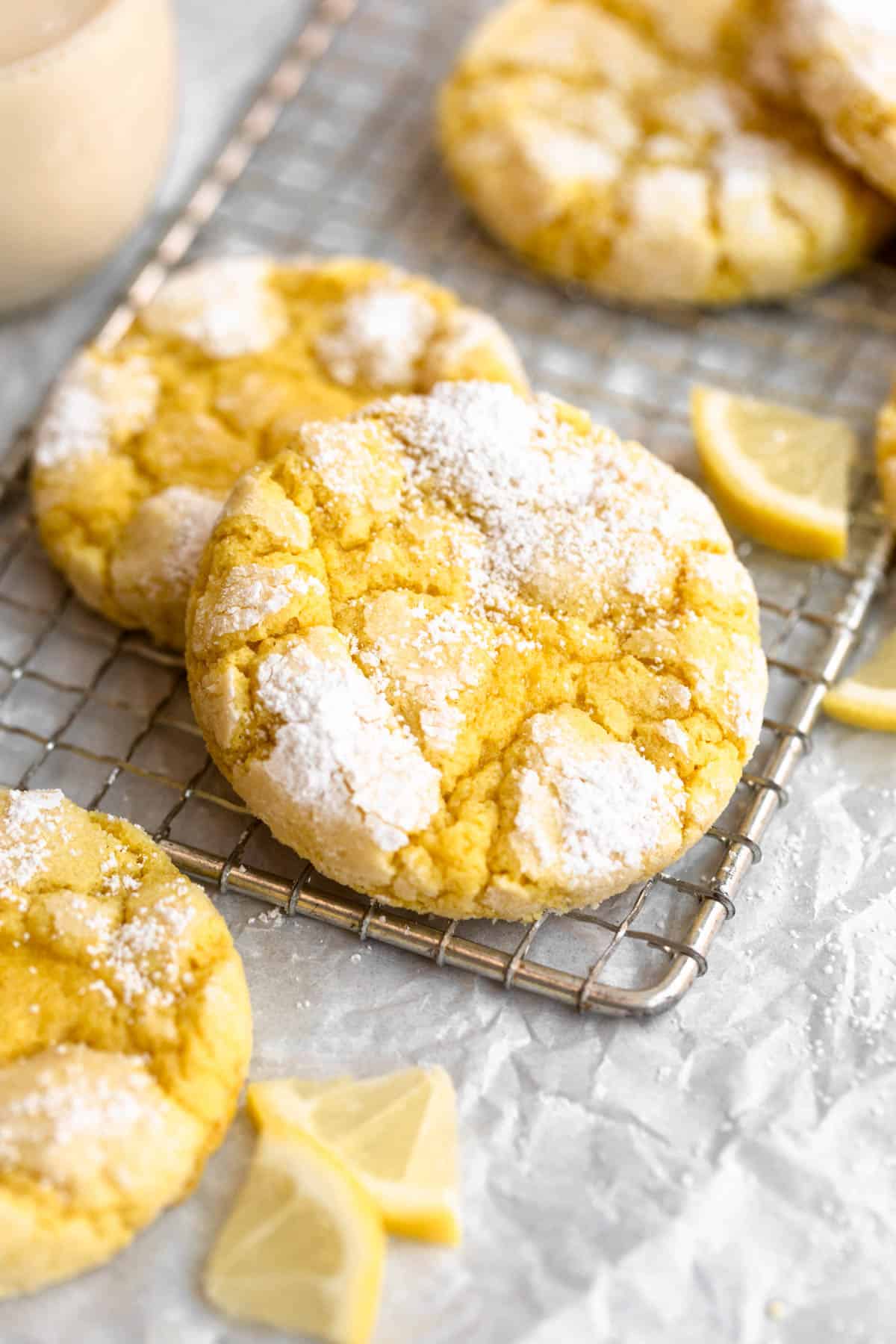 gluten free lemon crinkle cookies on a wire rack